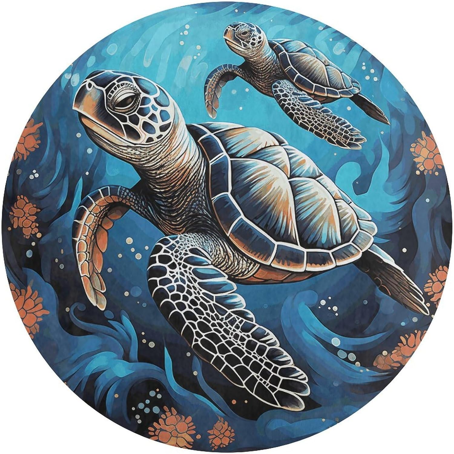 Sea Turtle Boho Style Coral Velvet Round Floor Mat Non-Slip Bath Rug Floor Covering for Bathroom Vanity Guest Suite & Vacation Home
