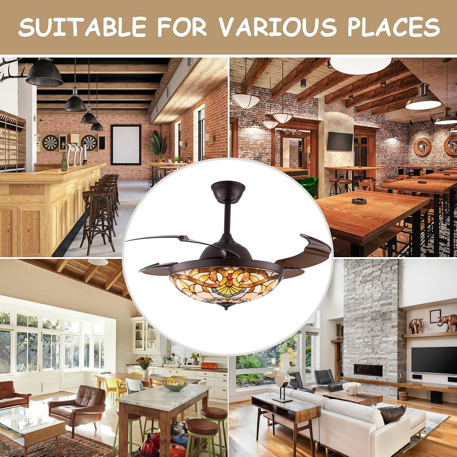 TFCFL 42 Inch Tiffany Style Invisible Ceiling Fan with Lights and Remote Control,Stained Glass Ceiling Fan Vintage Chandelier with Retractable Reverse Blades 6 Speeds 3 Light for Bedroom Living Room