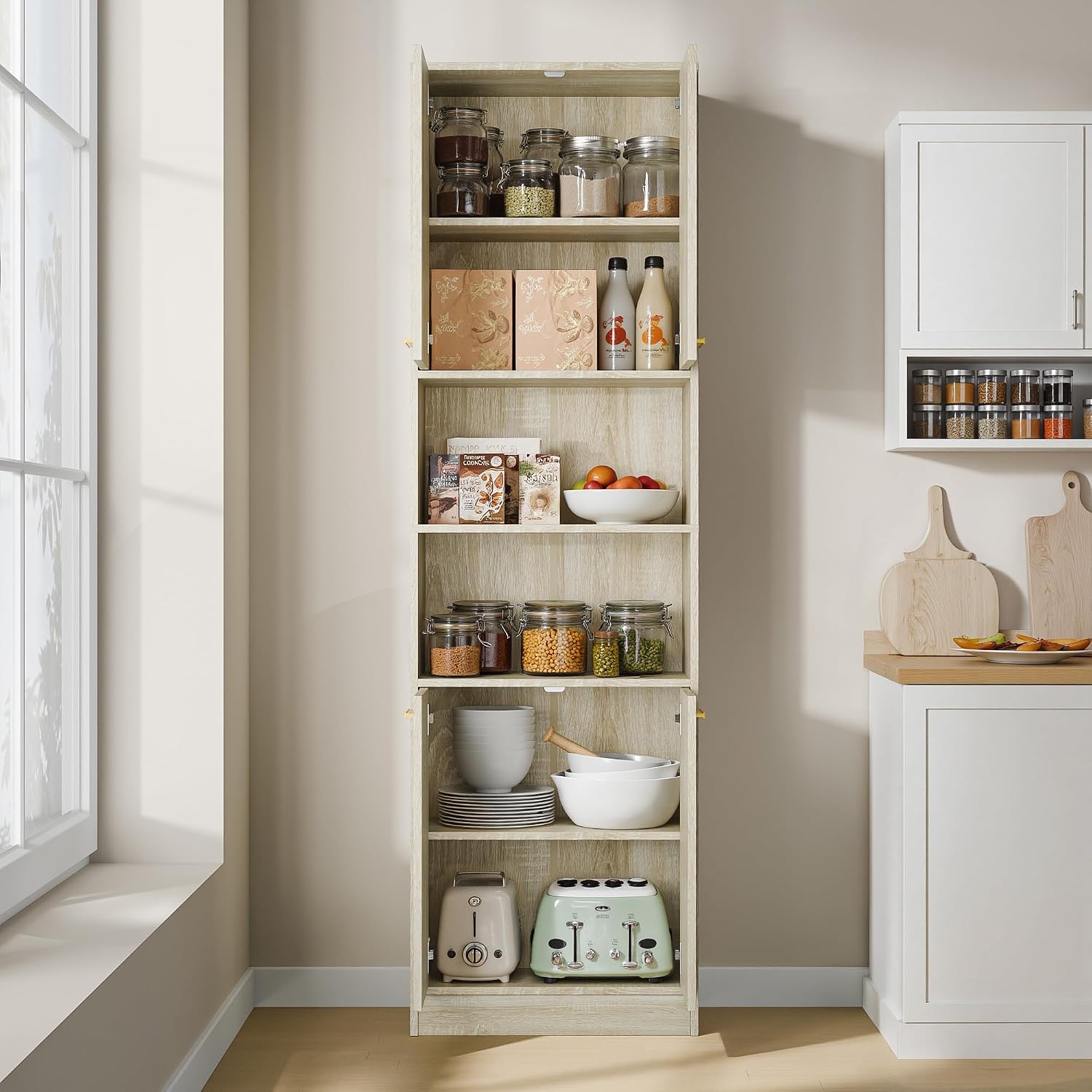 Cozy Castle Kitchen Pantry Cabinet, 75' Tall Wood Cupboard with Doors and Adjustable Shelves, Freestanding Food Storage Organizer for Dining Room, Kitchen, Living Room, Whitewashed Oak
