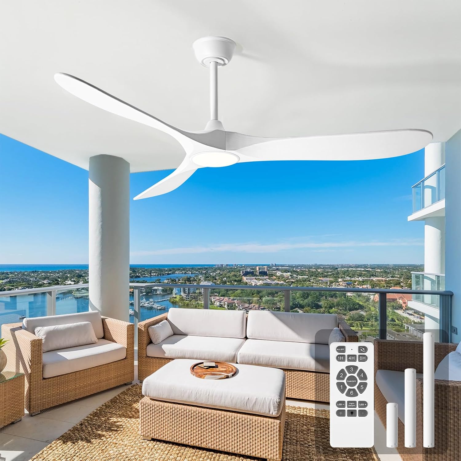 60'' Ceiling Fans with Lights and Remote, Wood Outdoor Ceiling Fan with 6 Speed Noiseless DC Motor, Indoor Modern 3 Blade Propeller Ceiling Fan for Bedroom Living Room Gazebo Patio (White)