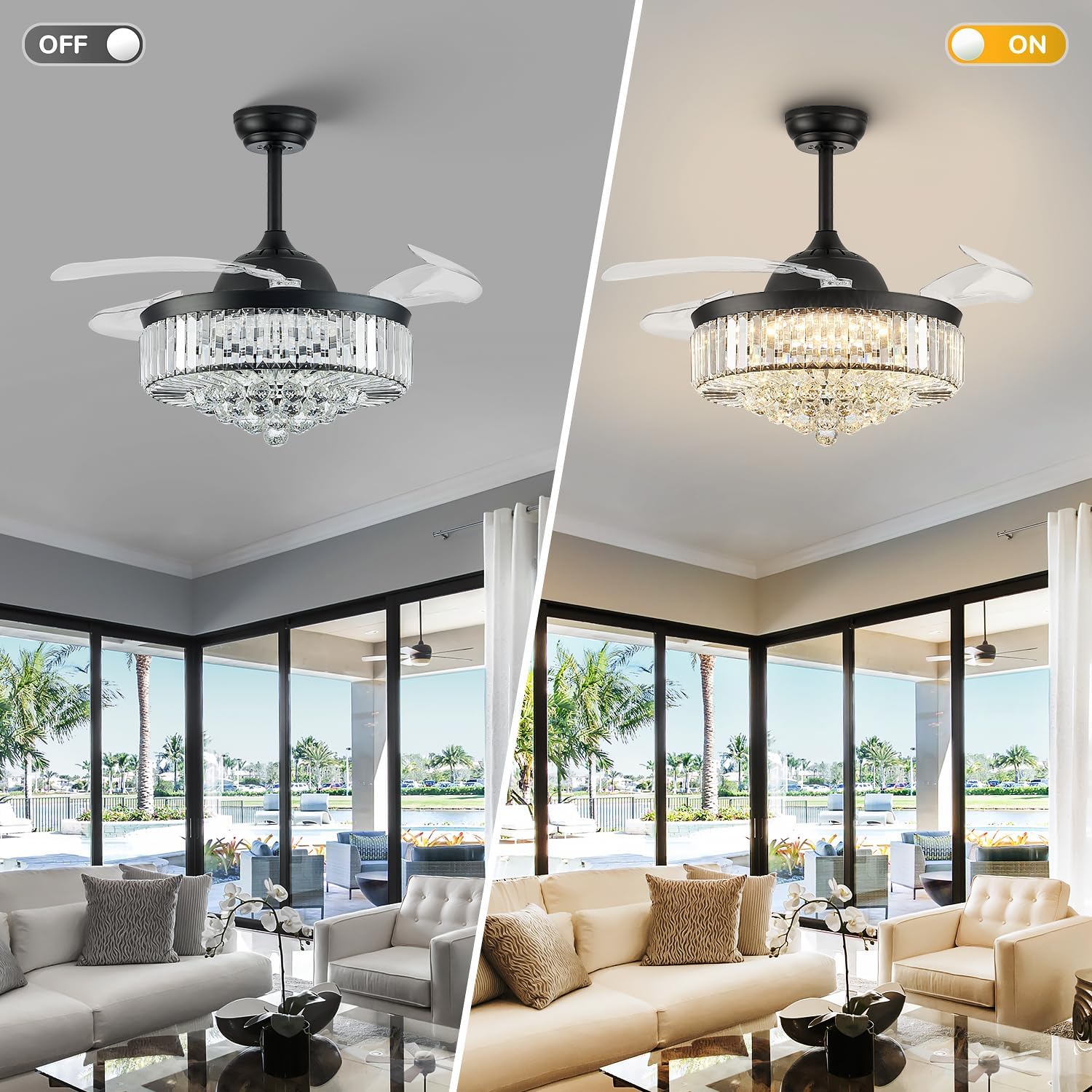 FIDGRA 42'' Fandelier Ceiling Fan with Light, Retractable Chandelier Fan, 3 Color Temperature, 6 Wind Speed, Crystal Ceiling Fan for Bedroom Living Room Dining Room-Black