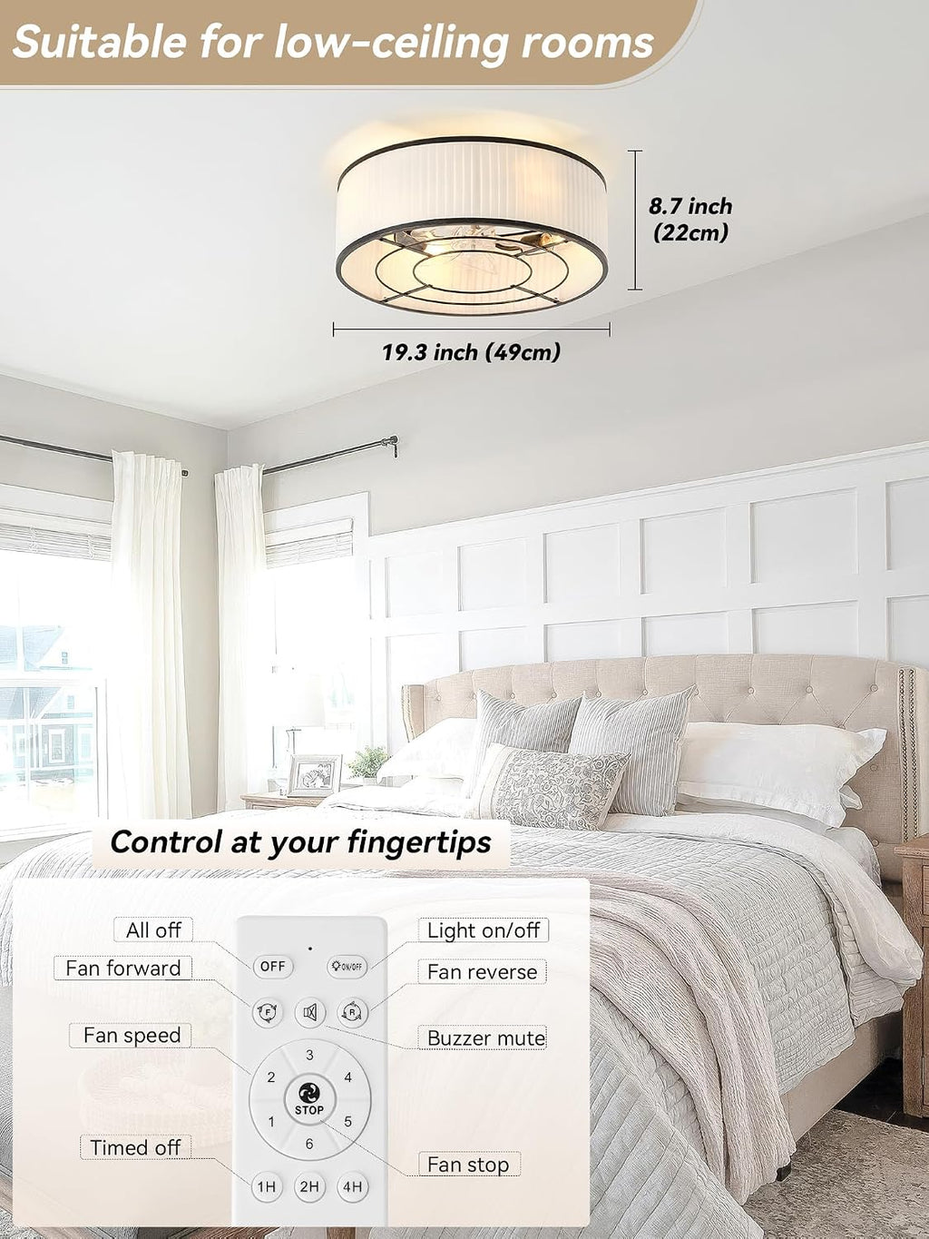 Boho Ceiling Fan with Light Flush Mount, 20' Black Caged Ceiling Fan with Lights Remote Control, Bladeless Ceiling Fan 6 Speeds for Bedroom, Living Room, Nursery