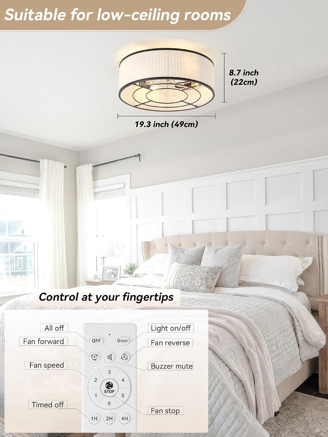 Boho Ceiling Fan with Light Flush Mount, 20' Black Caged Ceiling Fan with Lights Remote Control, Bladeless Ceiling Fan 6 Speeds for Bedroom, Living Room, Nursery