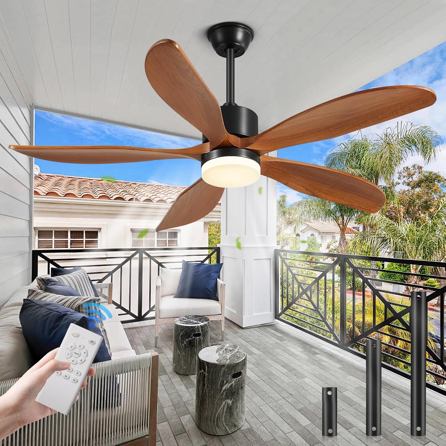 Yahada 72 Inch Ceiling Fan with Light and Remote Control, USA Patented Indoor and Outdoor Ceiling Fan with 5 Blades, 3 Downrods, Timer, 6 Speed ETL Certified DC Motor, Ideal for Bedroom Patio, Walnut