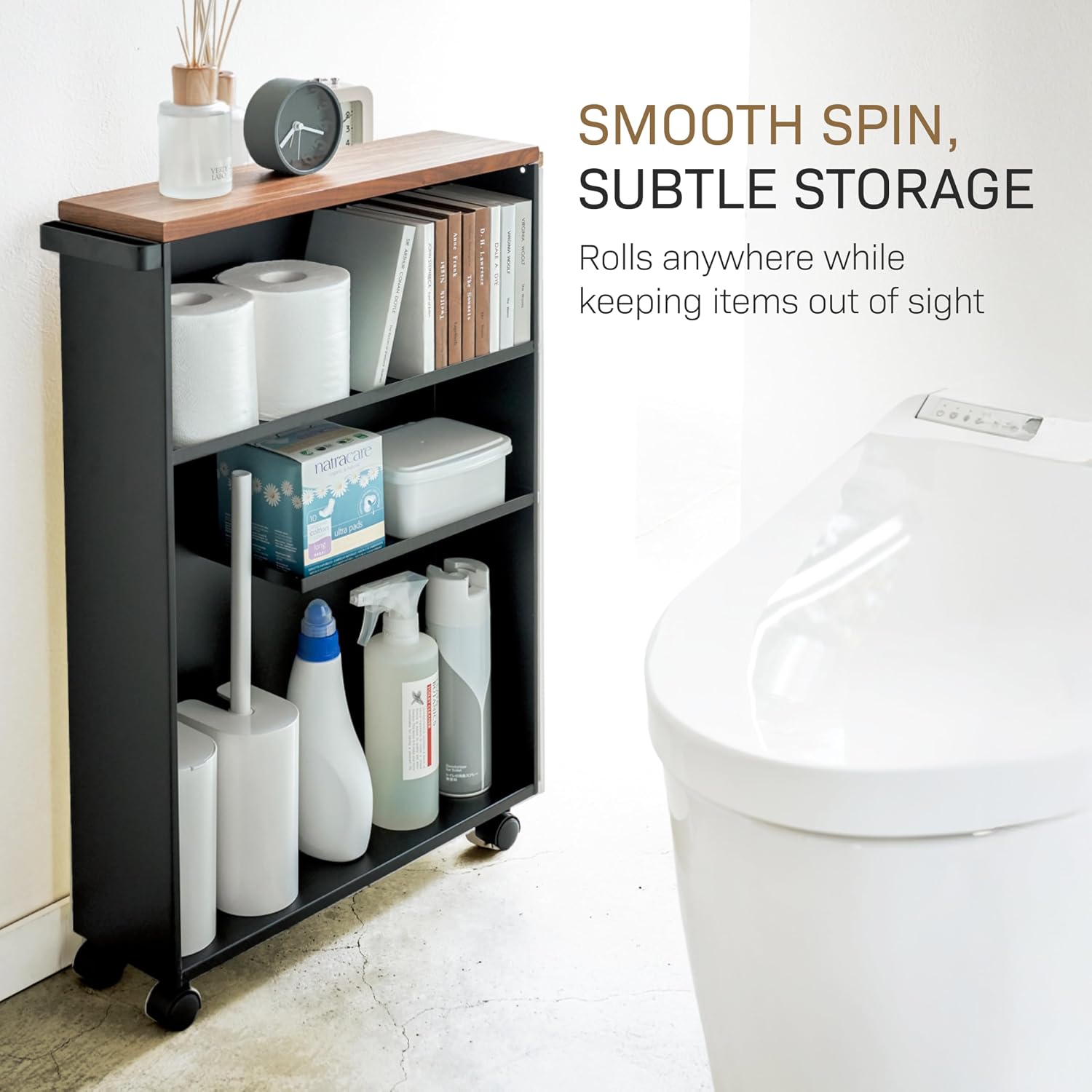 YAMAZAKI Home Slim Rolling Storage Cart – Narrow Bathroom Storage Cabinet with Handle, Slim Bathroom Storage Cart with Wheels, Easy Assembly, Steel + Wood, Black