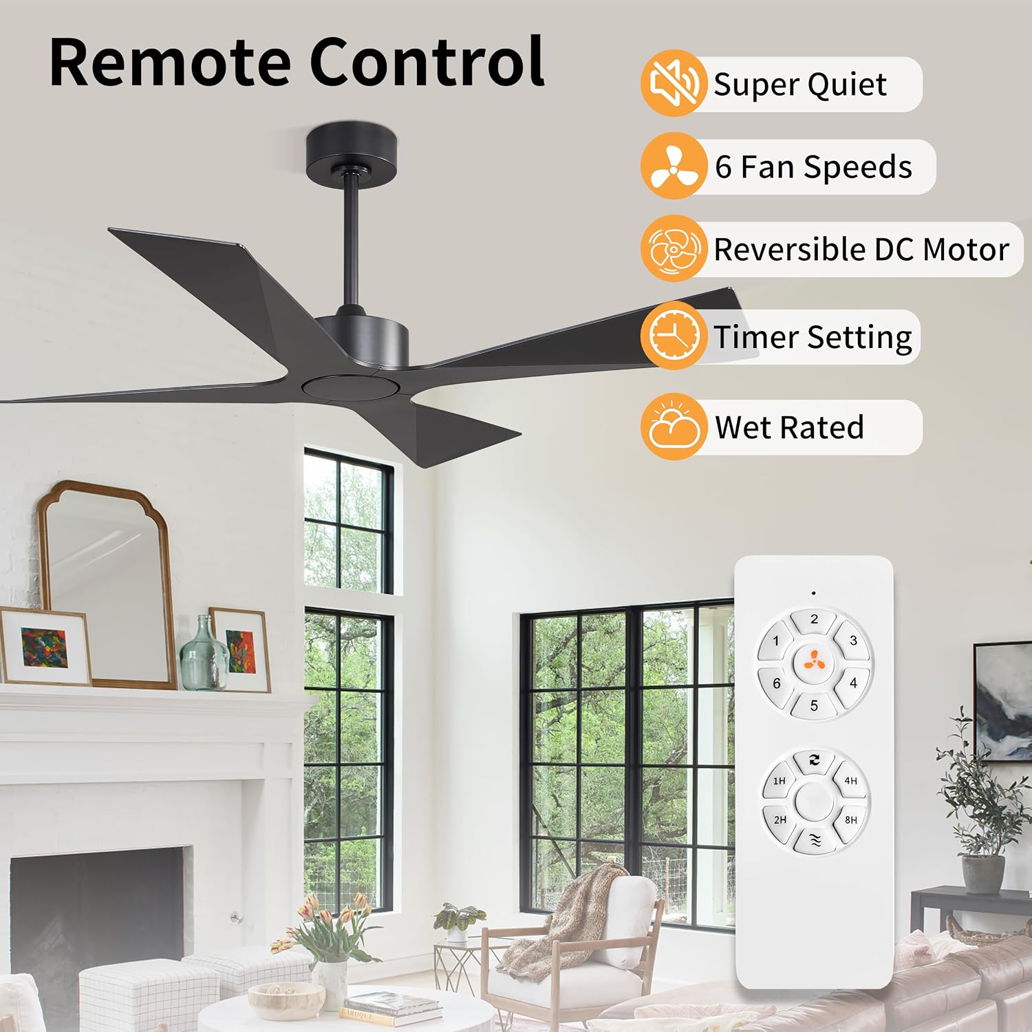 WINGBO 54' Wet Rated Outdoor Ceiling Fan without Lights, 4 ABS Plastic Blades, Reversible DC Motor, 6-Speed Remote Control, Waterproof Ceiling Fan No Lights for Patio Porch Gazebo Garage, Black