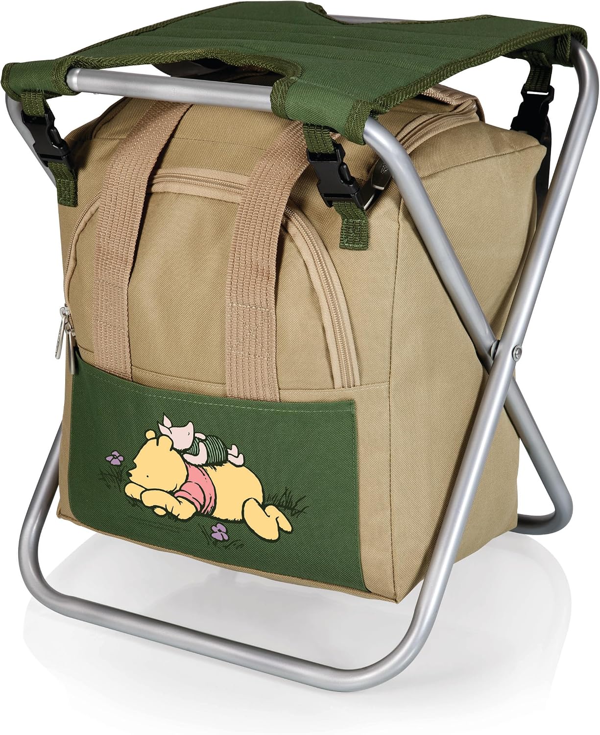 PICNIC TIME Disney Winnie The Pooh Gardener Folding Seat with Tools, Folding Garden Stool with Detachable Tote and Hand Tool Set Organizer, Portable Gardening Chair, (Olive Green with Beige Accents)
