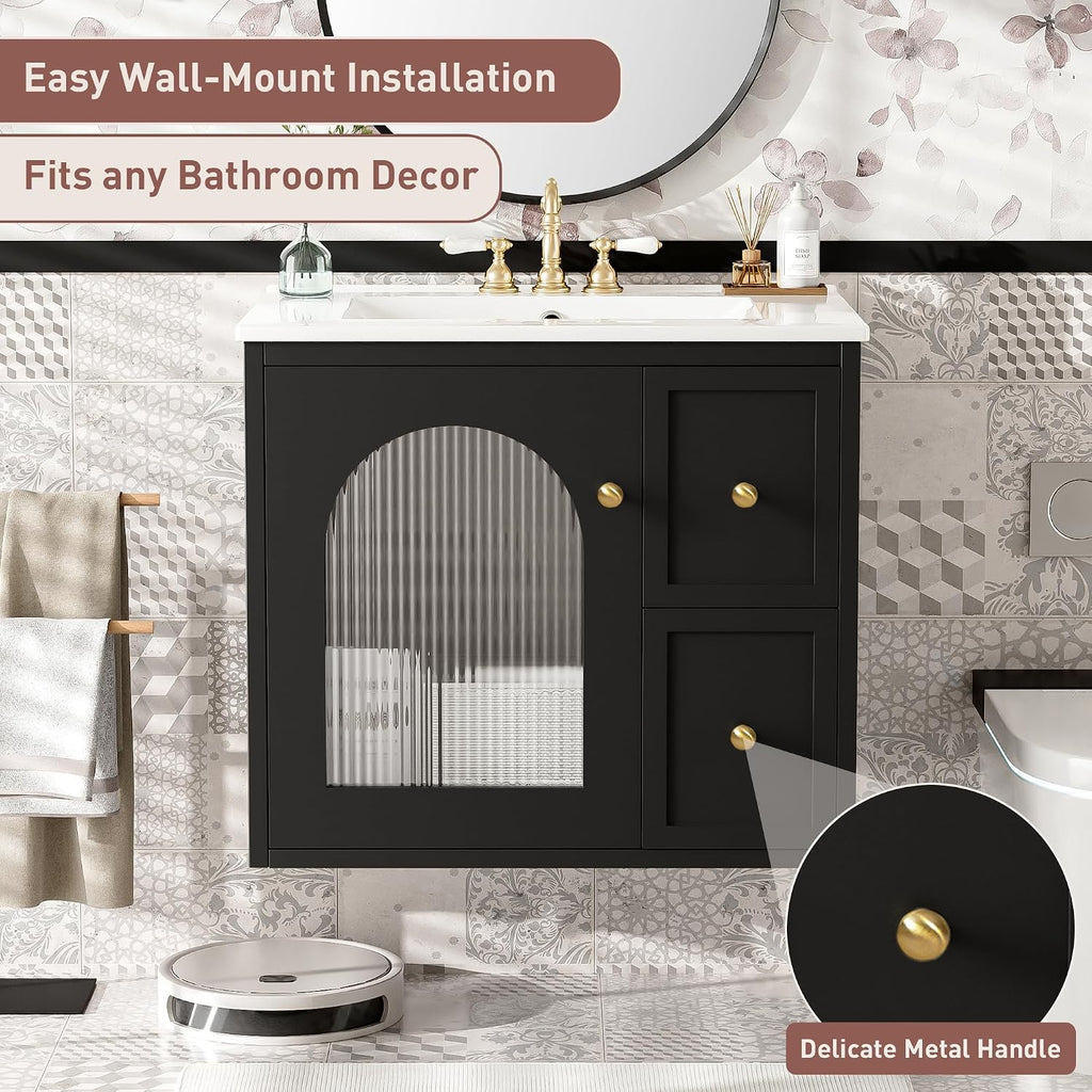 24 Inch Modern Wall Mounted Floating Bathroom Vanity Set with Ceramic Sink, 2 Drawers and 1 Soft-Close Door Bathroom Sink Cabinet for Guest Baths Master Suites (Black)