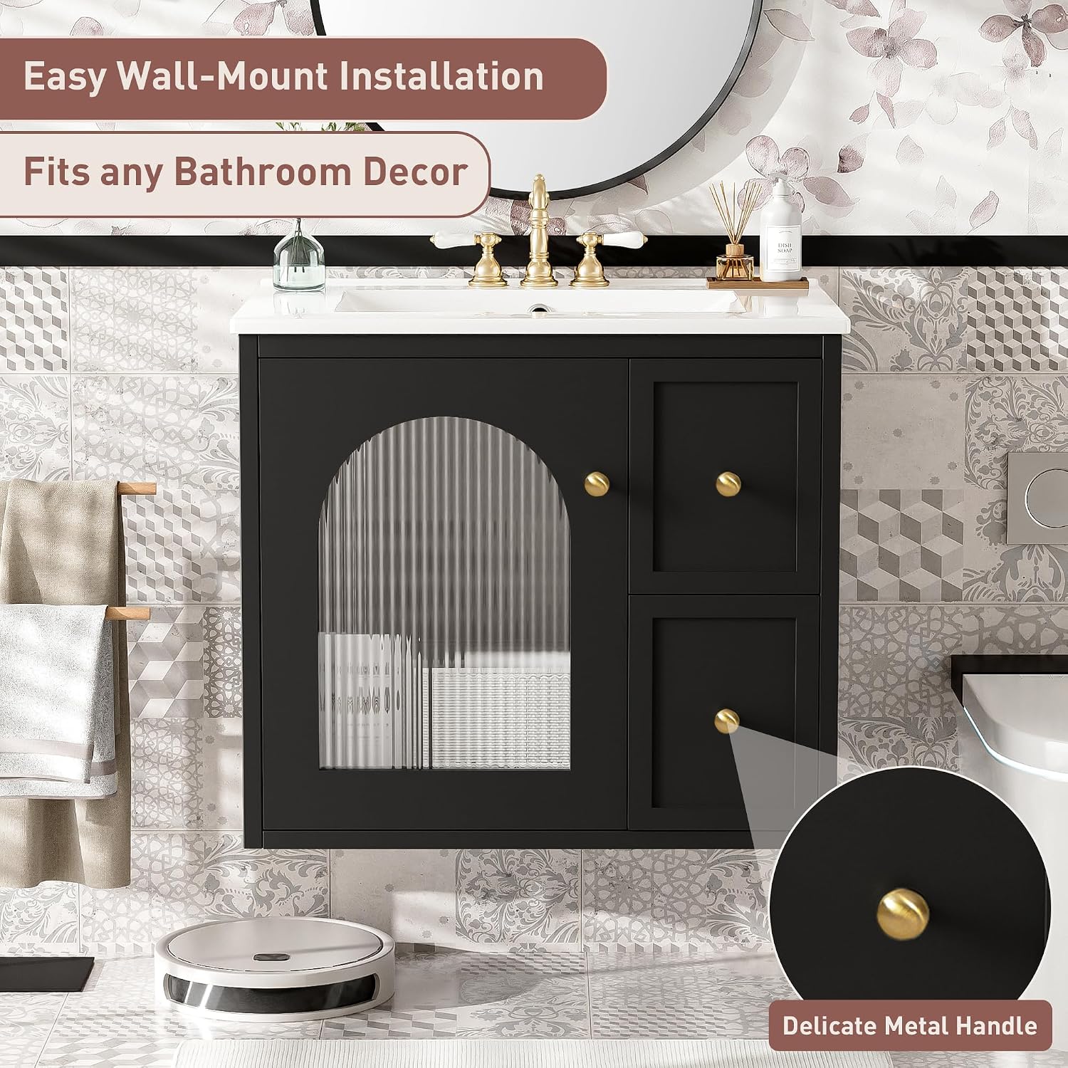 24 Inch Modern Wall Mounted Floating Bathroom Vanity Set with Ceramic Sink, 2 Drawers and 1 Soft-Close Door Bathroom Sink Cabinet for Guest Baths Master Suites (Black)