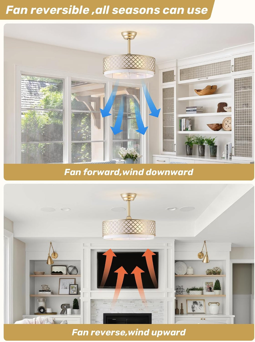 20' Gold Fandelier Ceiling Fan with Lights, Caged Boho Ceiling Fan with Light Remote Control, Rattan with 6 Speeds for Bedroom, Nursery, Living Room