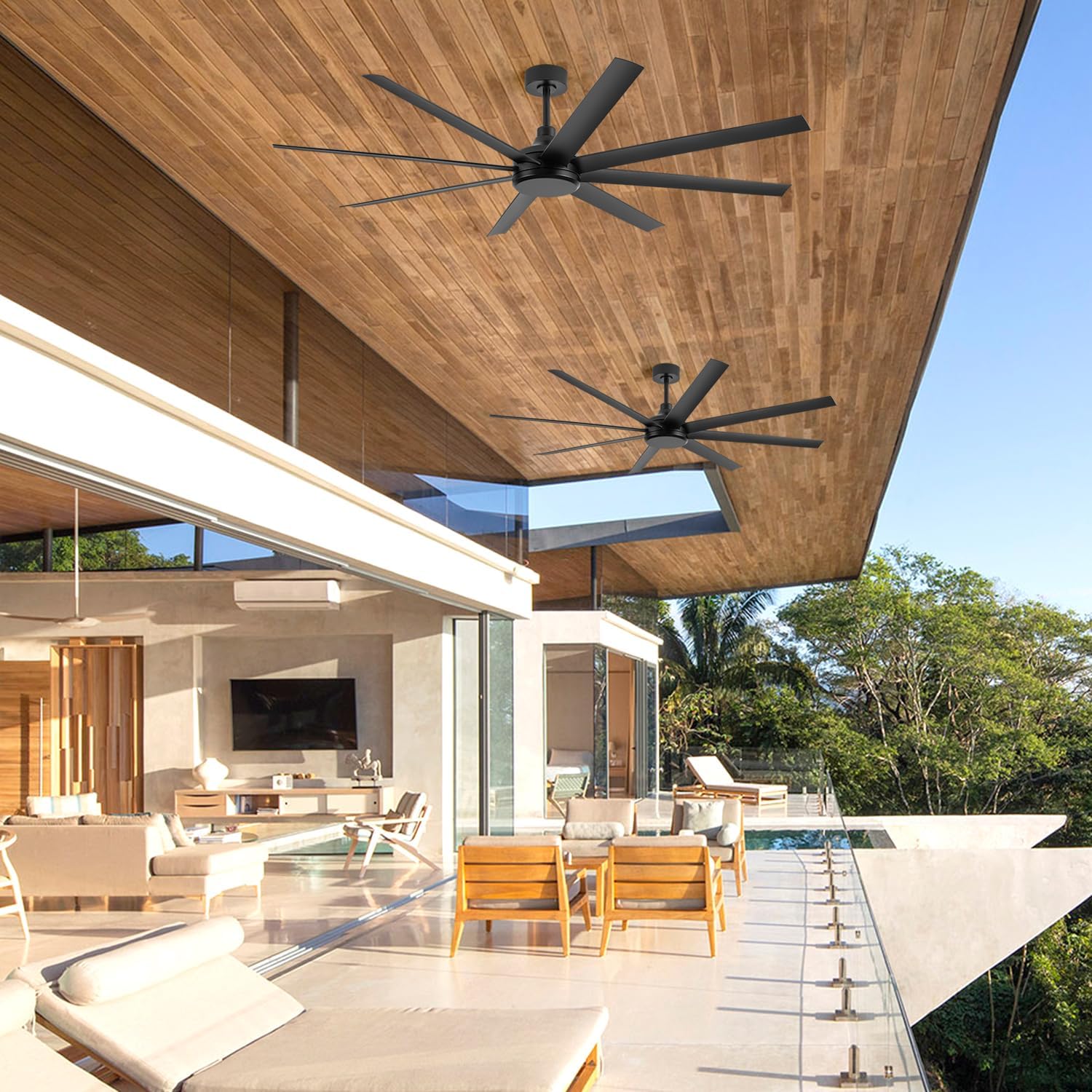 65 Inch Ceiling Fan No Light, Modern Ceiling Fan with Remote Control, Quite DC Motor 8 Reversible Blades Indoor Outdoor Industrial Ceiling Fan without Light For Living Room Bedroom Patio Garage-Black