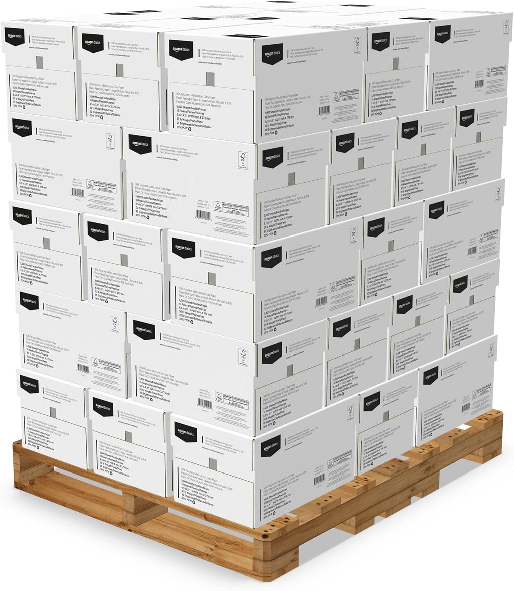 Amazon Basics 30% Recycled Multipurpose Copy Printer Paper, 8.5 x 11 Inches, 20 lb, Pallet, 400 Reams (200,000 Sheets), 92 Bright, White