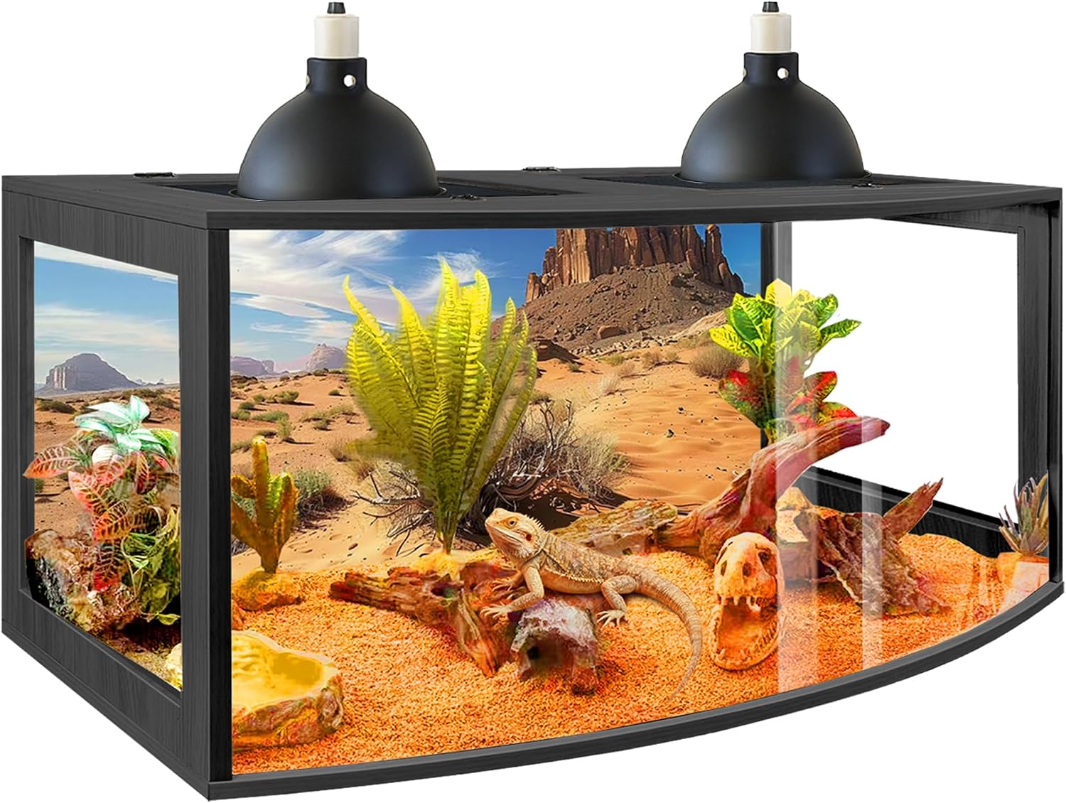 PROLEE Bearded Dragon Tank, Curved Reptile Enclosure with 3-Side Clear Acrylic Panels, Spacious Lizard Tank with Metal Mesh Top and Lockable Door for Reptile Habitat (Black, 32' Length,34 Gallons)