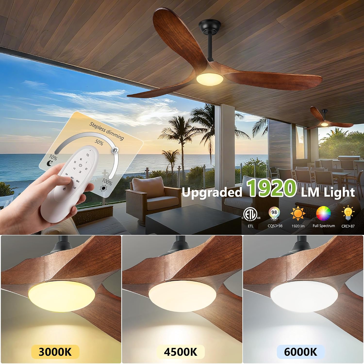 Haipeel 60 Inch Outdoor Ceiling Fans with Lights, Solid Wood Propeller 3 Blades Ceiling Fans with Lights and Remote Control Outdoor Fan for Patios Indoor, High CFM ETL Listed, Dark Walnut