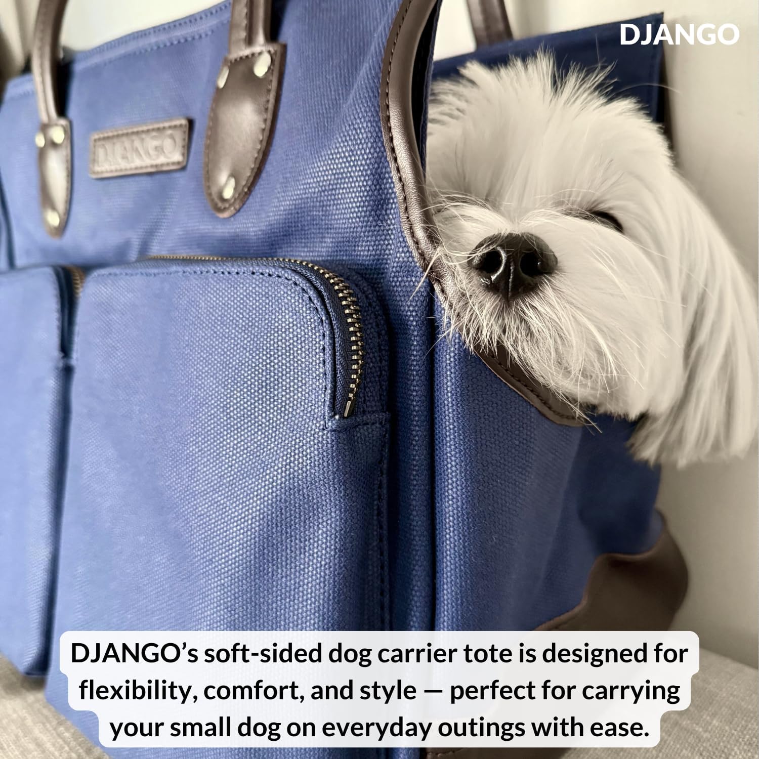 DJANGO Waxed Canvas & Leather Dog Carrier Tote Bag – Premium Soft-Sided Travel Dog Purse with Safety Leash, WR Lining, & Large Zipper Pockets – Everyday Pet Carrier for Small Dogs (Navy Blue, Medium)