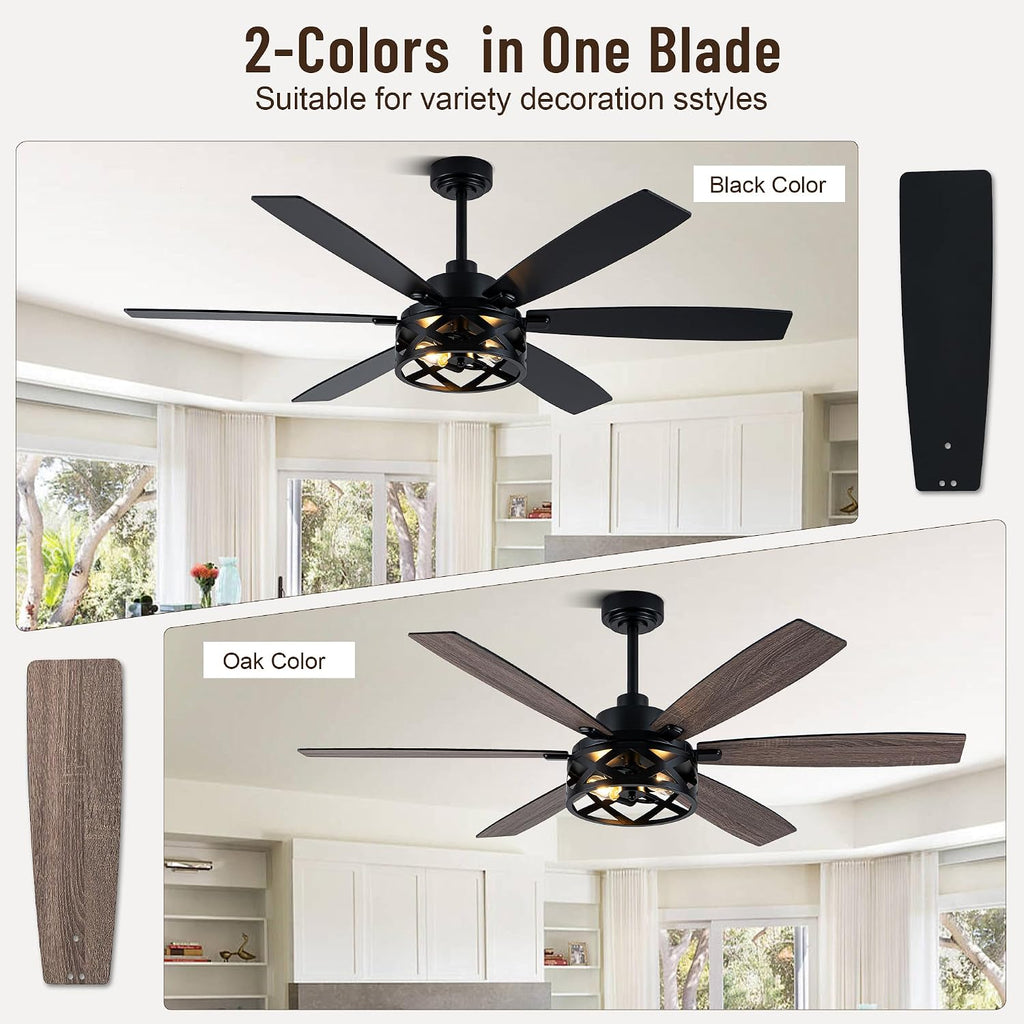60' Farmhouse Ceiling Fan with Lights and Remote,6-Speed DC Motor Industrial Caged Ceiling Fan,Reversible Blades,Timer,2-Color Blades for Bedroom Living Room (E26 Bulbs Not Included)