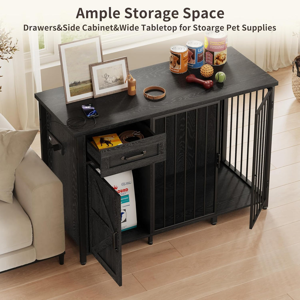 kepptory 2-in-1 Furniture Dog Crate End Table, Heavy Duty Dog Crate Furniture with Charging Station, Large Wooden Dog Kennel for Indoor with 440 lbs Load Capacity Metal Door Dog Cage for Living Room