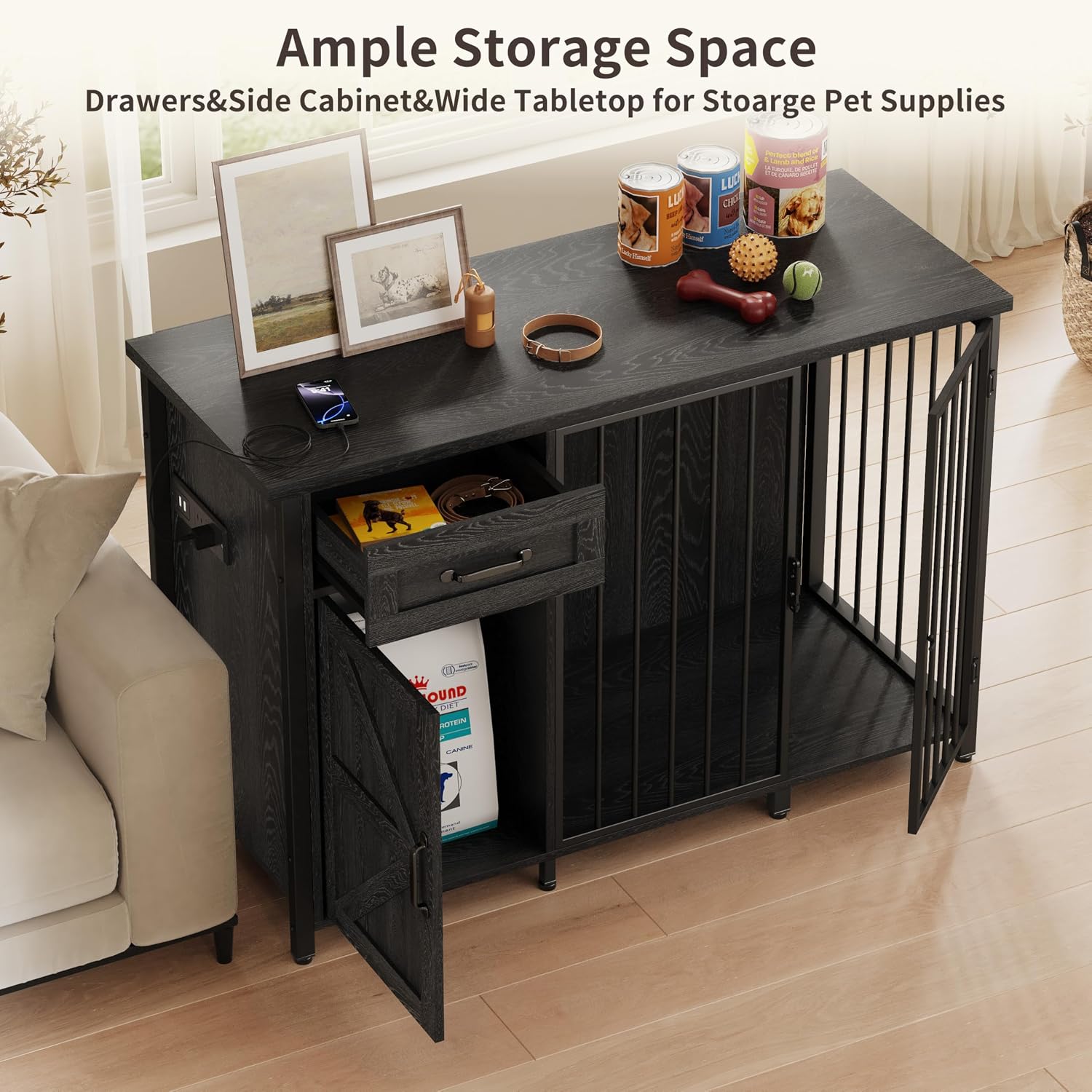 kepptory 2-in-1 Furniture Dog Crate End Table, Heavy Duty Dog Crate Furniture with Charging Station, Large Wooden Dog Kennel for Indoor with 440 lbs Load Capacity Metal Door Dog Cage for Living Room