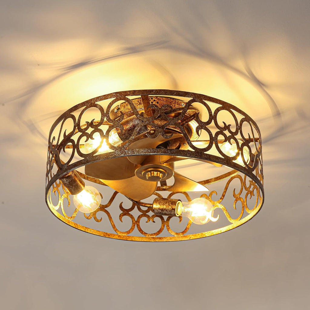 Flush Mount Ceiling Fans with Lights, Farmhouse Low Profile Ceiling Fan with APP & Remote Control, 6-Speed Reversible DC Motor, Caged Chandelier Fans for Bedroom, Living Room, Gold Antique