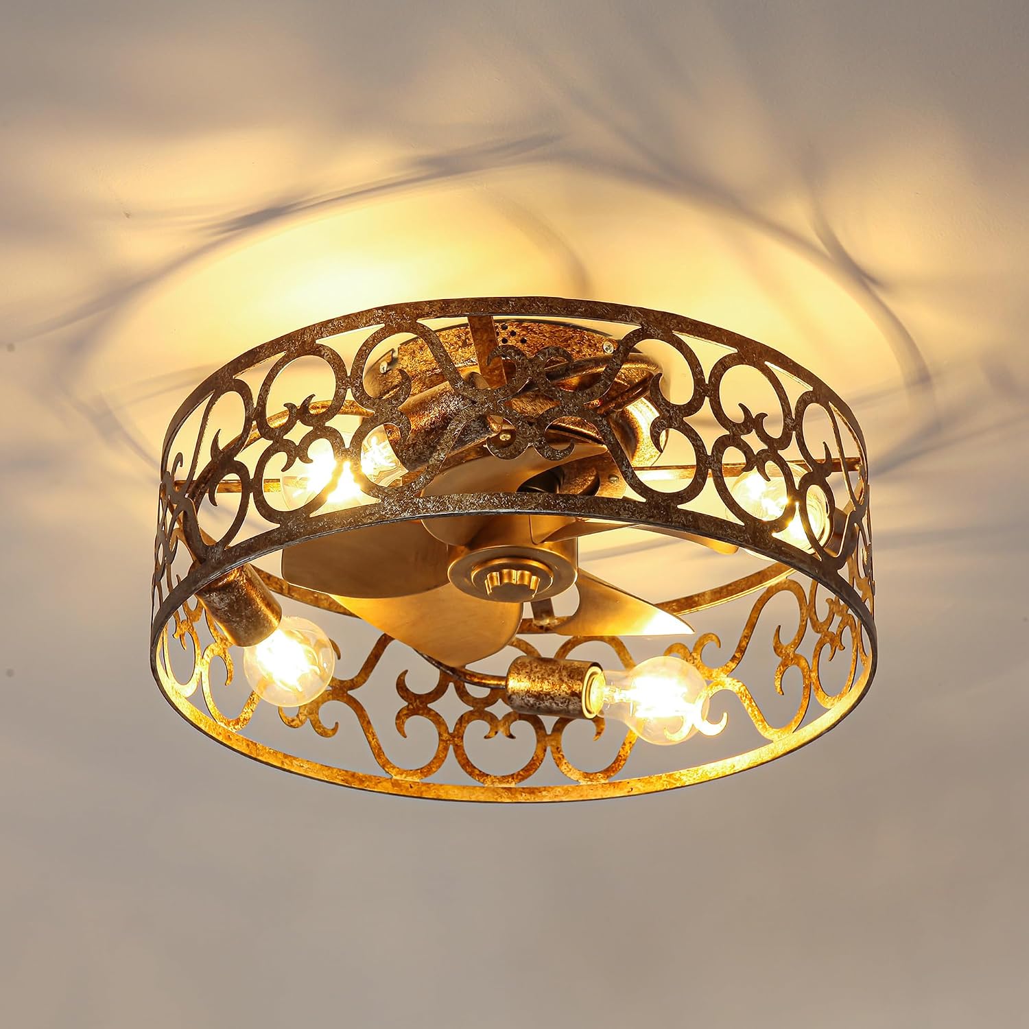 Flush Mount Ceiling Fans with Lights, Farmhouse Low Profile Ceiling Fan with APP & Remote Control, 6-Speed Reversible DC Motor, Caged Chandelier Fans for Bedroom, Living Room, Gold Antique