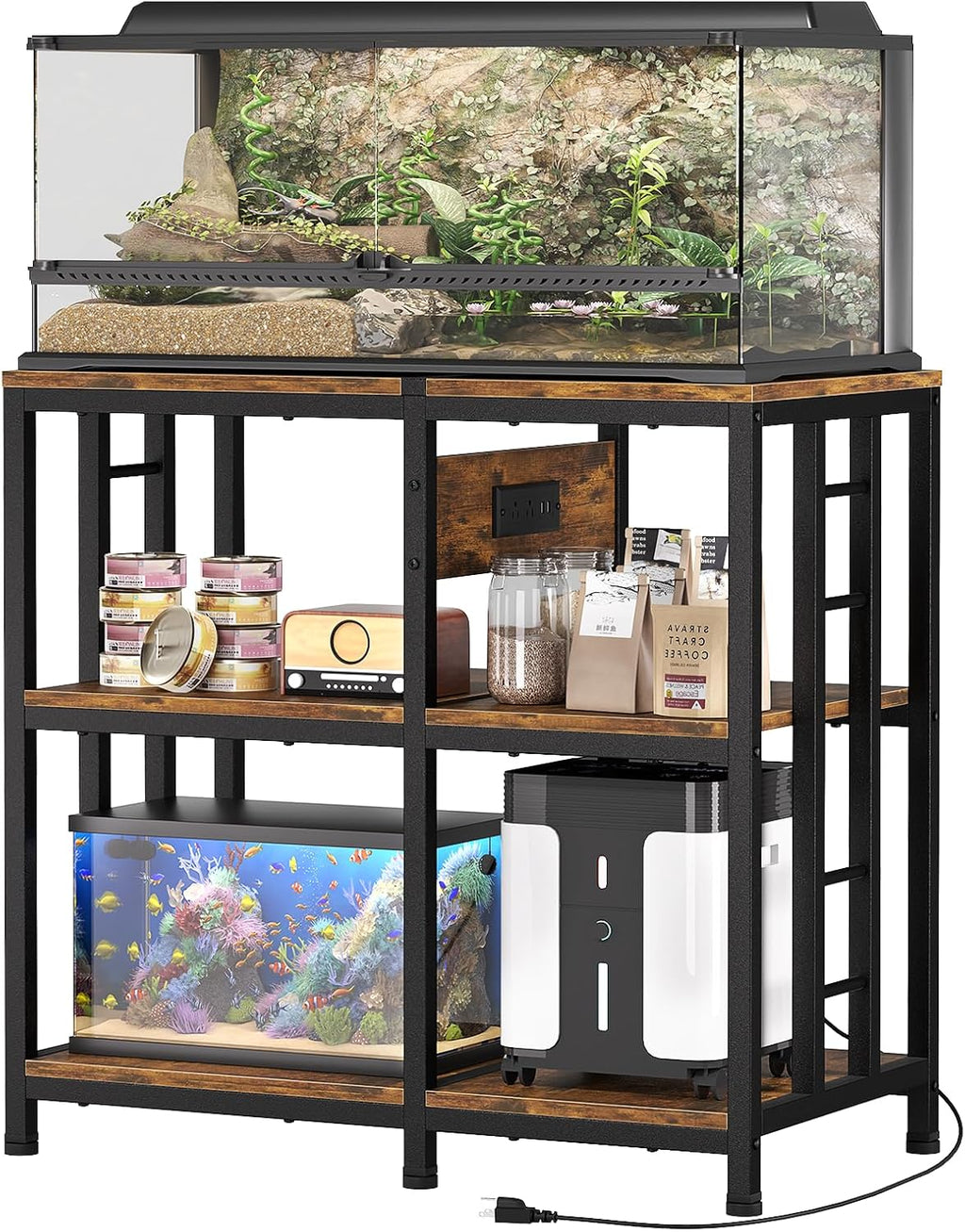 20-29 Gallon Fish Tank Stand with Power Strip, 3-Tier Metal Aquarium Stand, 31.5' L x 16.5' W for 20 Gallon Long Aquarium, 400 lbs Capacity, Retro Brown