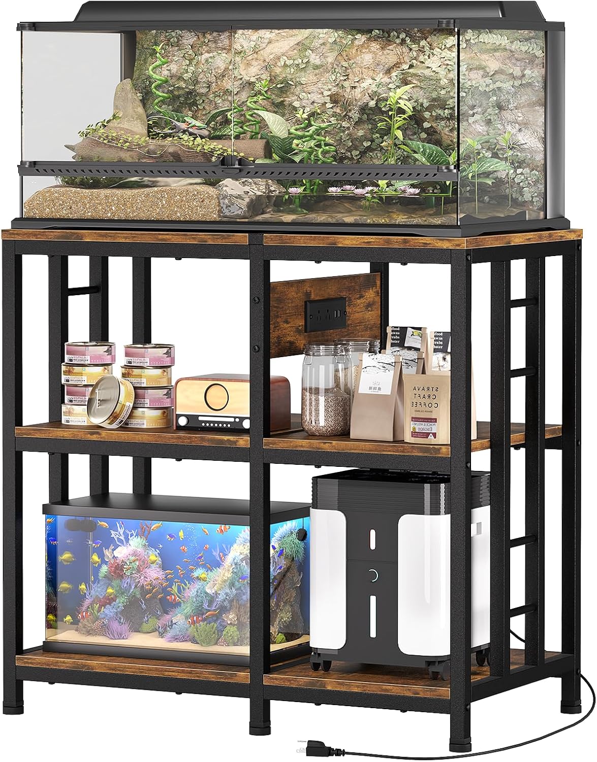 20-29 Gallon Fish Tank Stand with Power Strip, 3-Tier Metal Aquarium Stand, 31.5' L x 16.5' W for 20 Gallon Long Aquarium, 400 lbs Capacity, Retro Brown