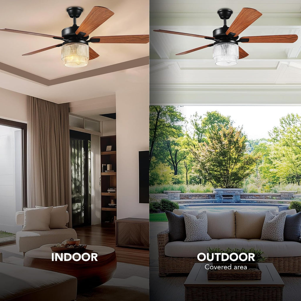 Globe Electric 37000023 52' 2-Light Ceiling Fan with Glass Shade, Remote Control, WhisperQuiet DC Motor, 6 Speeds, Matte Black, Indoor/Outdoor