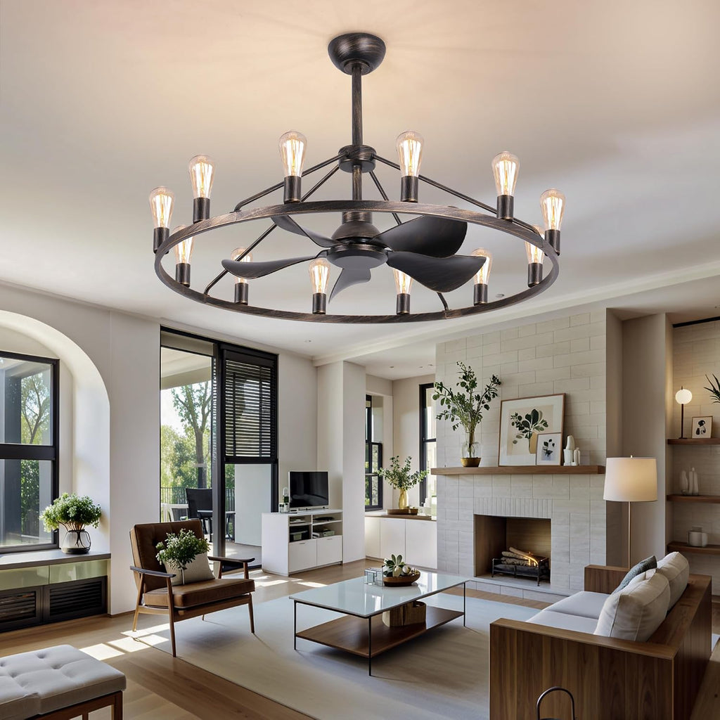 Miuyhji Farmhouse Ceiling Fan with Lights and Remote,Bronze Fandelier,Wagon Wheel Chandelier with Fan,44 Inch Rustic Fans for 20x25' Large Room