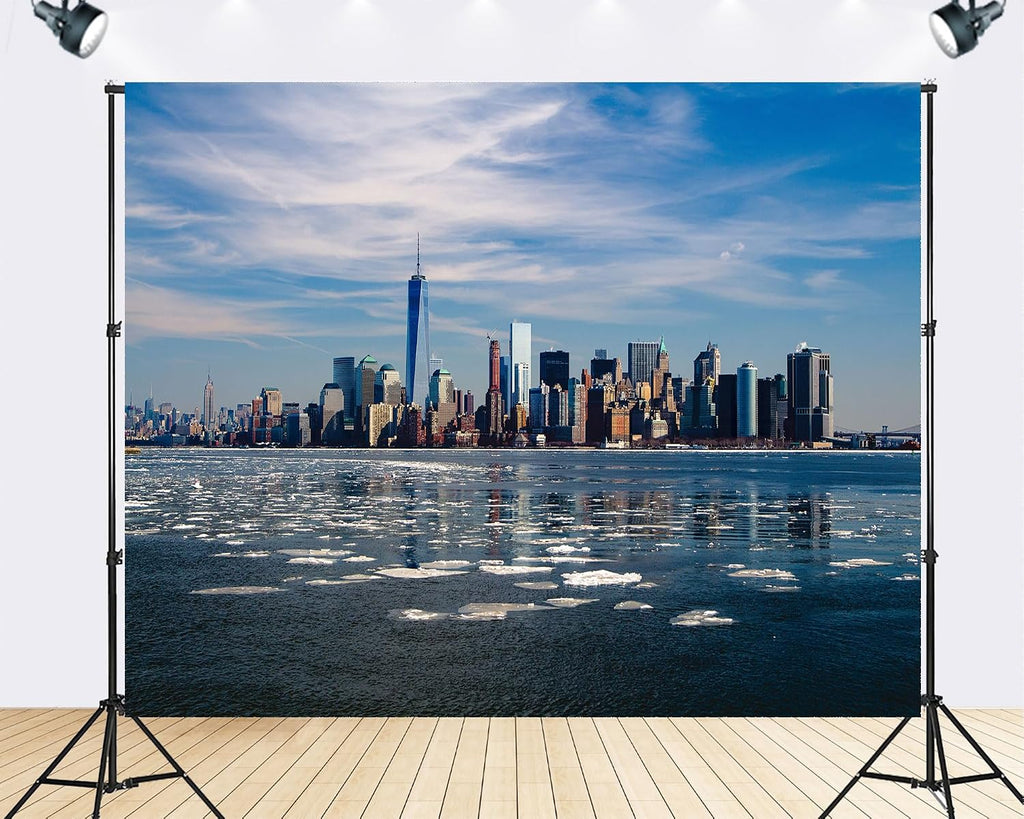 Trykid 20x10ft NYC Skyline Winter Backdrop Skyscrapers Frozen River Clear Blue Sky Urban Photography Background City View Tapestry Party Decoration Photo Studio Prop Fabric