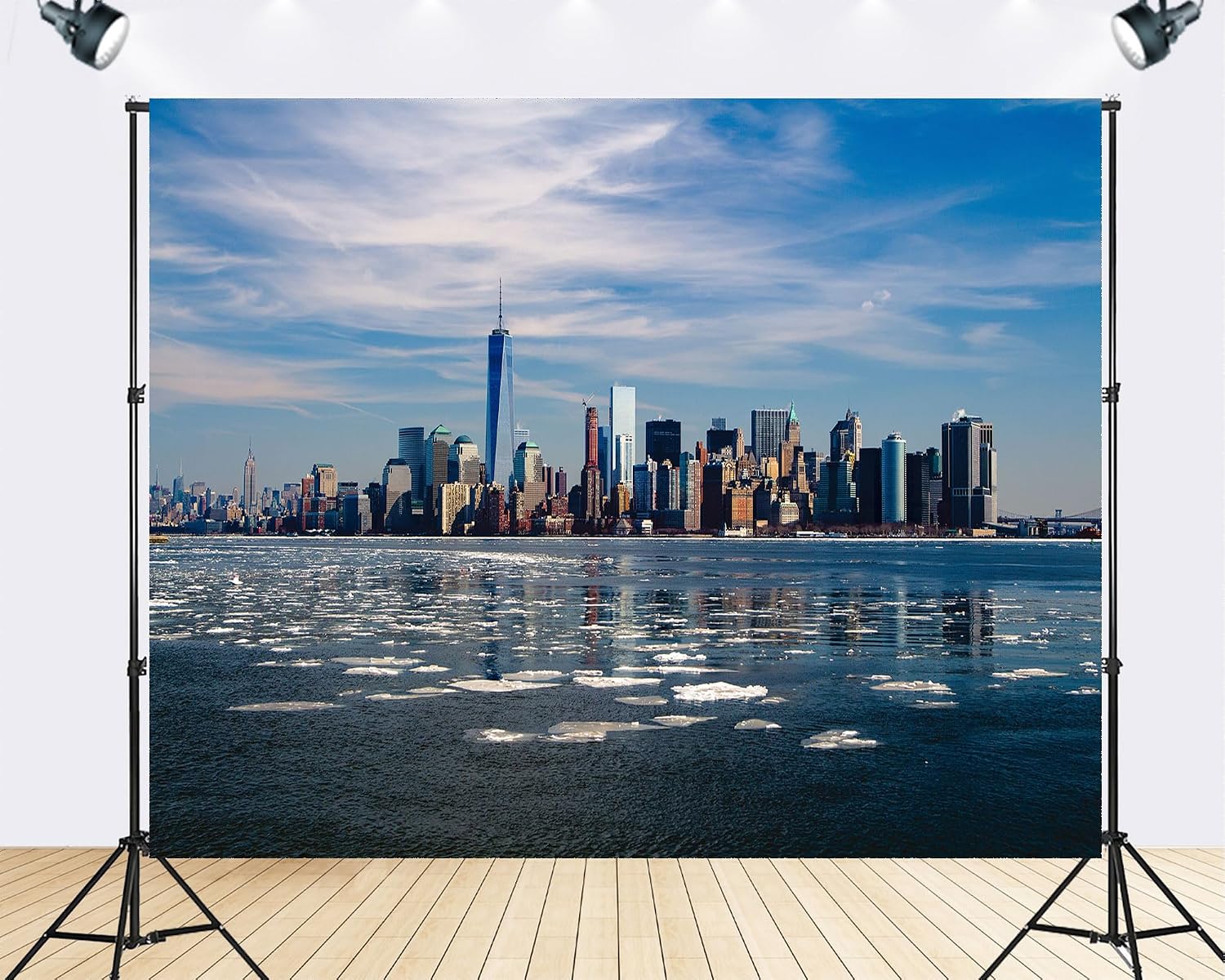 Trykid 20x10ft NYC Skyline Winter Backdrop Skyscrapers Frozen River Clear Blue Sky Urban Photography Background City View Tapestry Party Decoration Photo Studio Prop Fabric