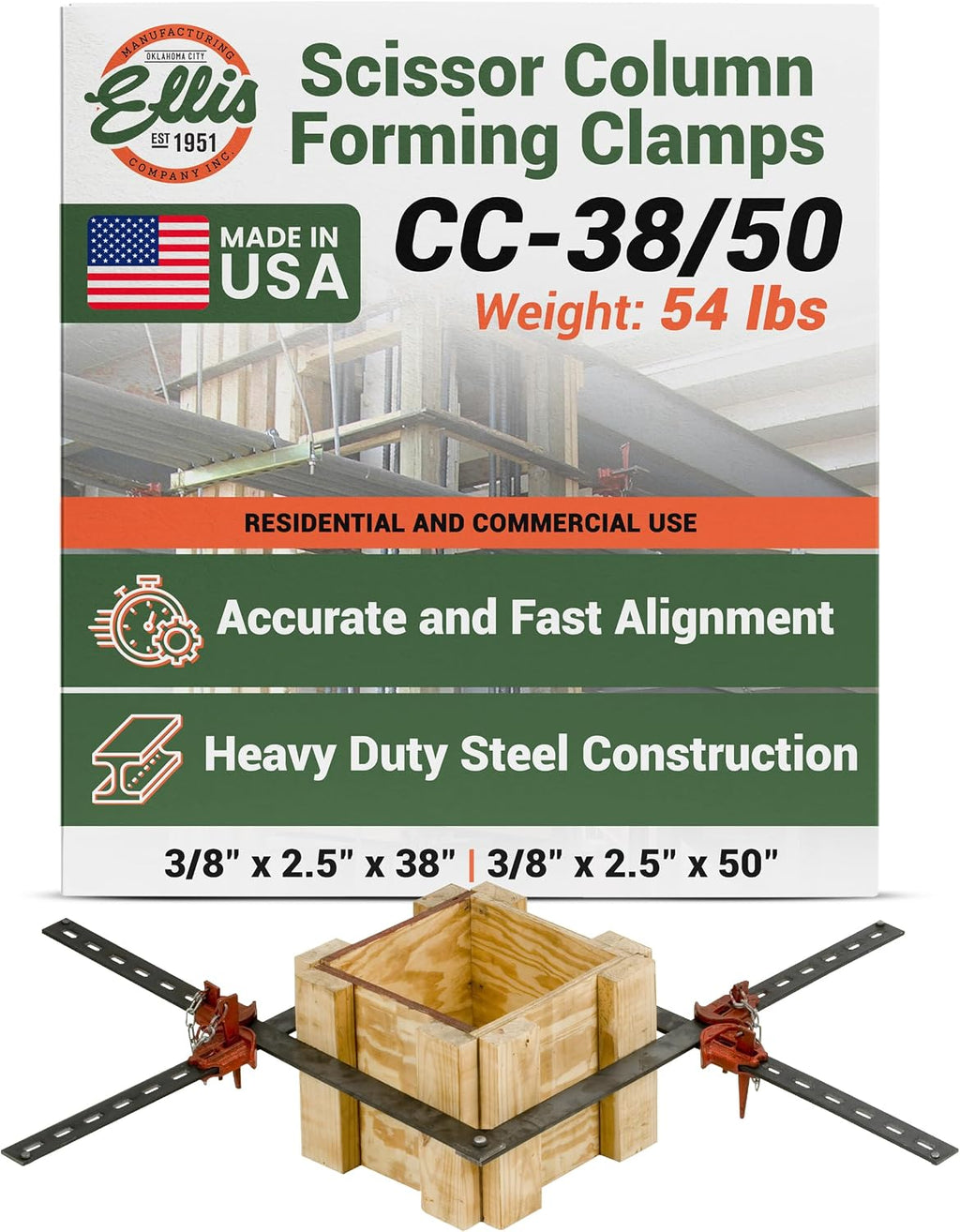 Ellis Manufacturing Company Scissor Column Forming Clamps - Clamp Set for Carpentry & Construction - Net Concrete 10' - 24' & 12' - 36' - Bar Size 3/8' x 2' x 38' & 3/8' x 2' x 50'