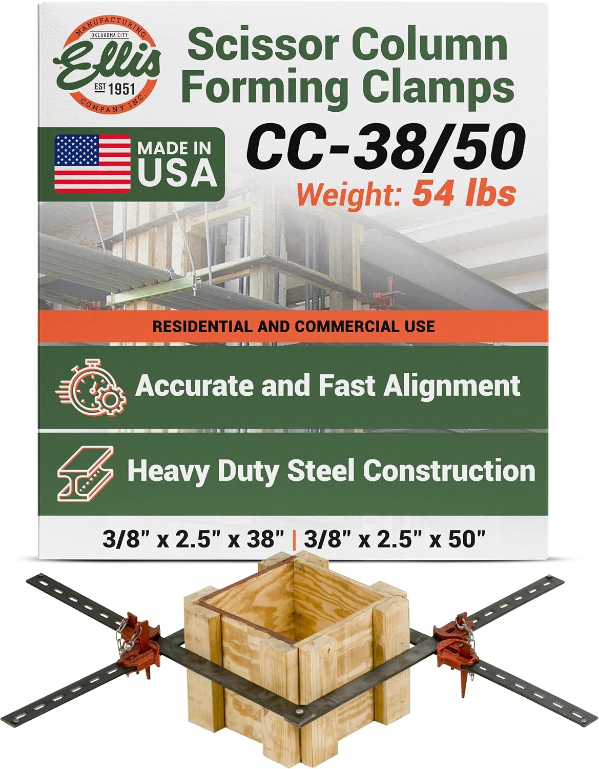 Ellis Manufacturing Company Scissor Column Forming Clamps - Clamp Set for Carpentry & Construction - Net Concrete 10' - 24' & 12' - 36' - Bar Size 3/8' x 2' x 38' & 3/8' x 2' x 50'