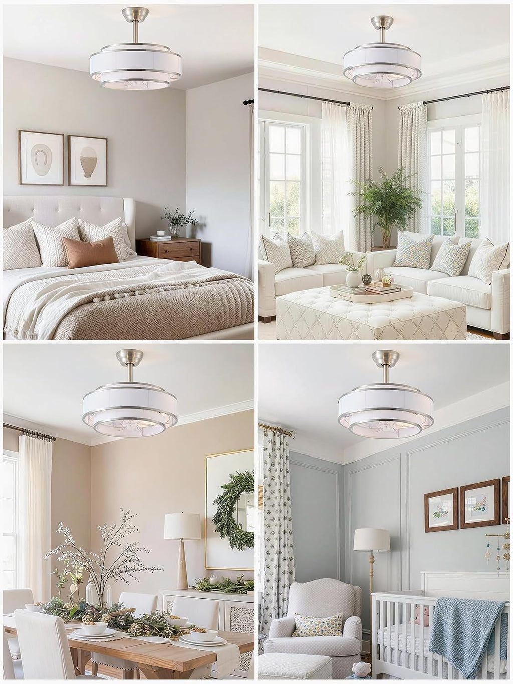 20' Caged Ceiling Fans with Lights and Remote, Fandelier Ceiling Fan with Light, Modern Bladeless Quiet Reversible Motor 6 Speeds for Bedroom, Nursery, Living Room, Silver