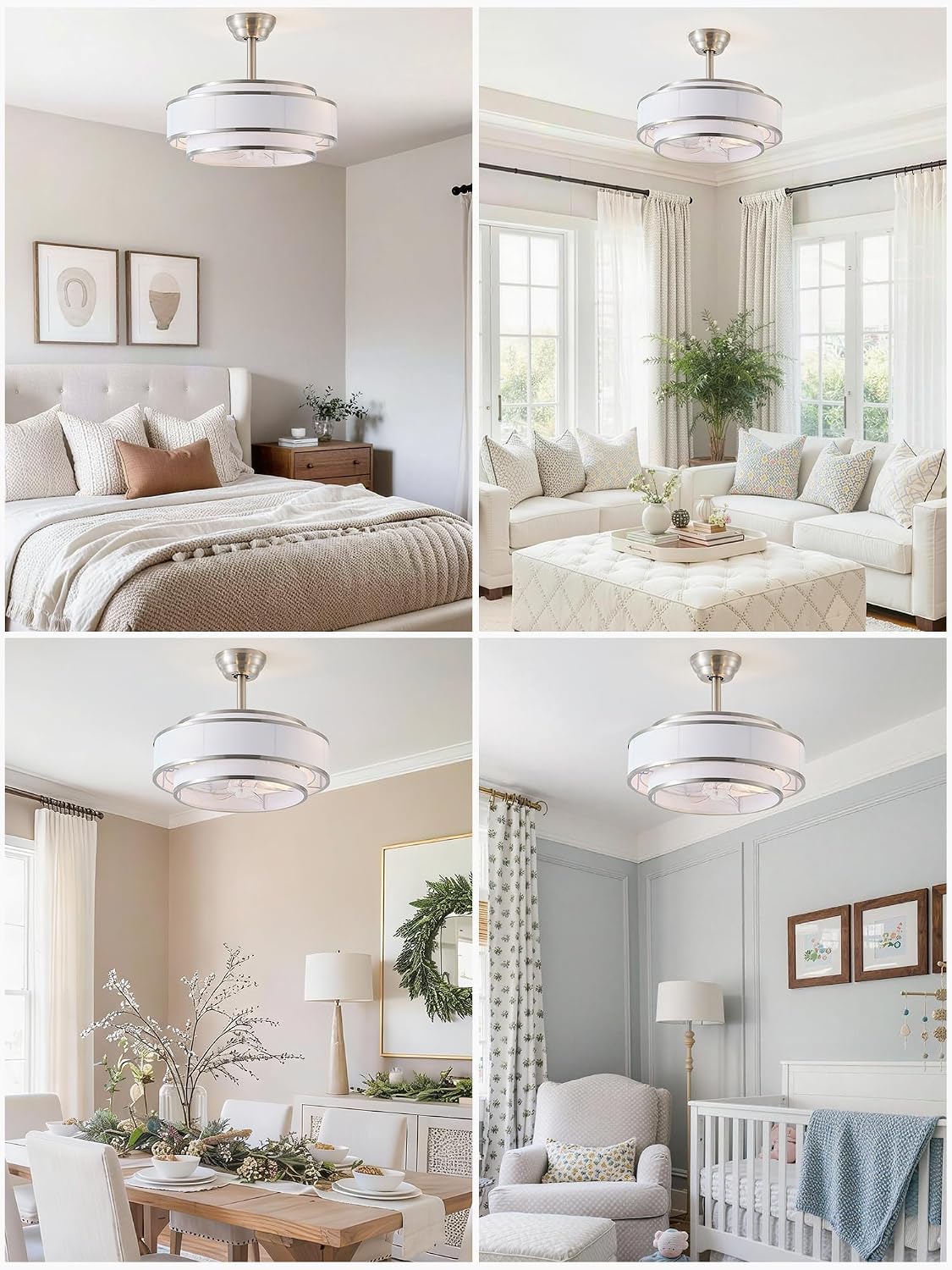 20' Caged Ceiling Fans with Lights and Remote, Fandelier Ceiling Fan with Light, Modern Bladeless Quiet Reversible Motor 6 Speeds for Bedroom, Nursery, Living Room, Silver