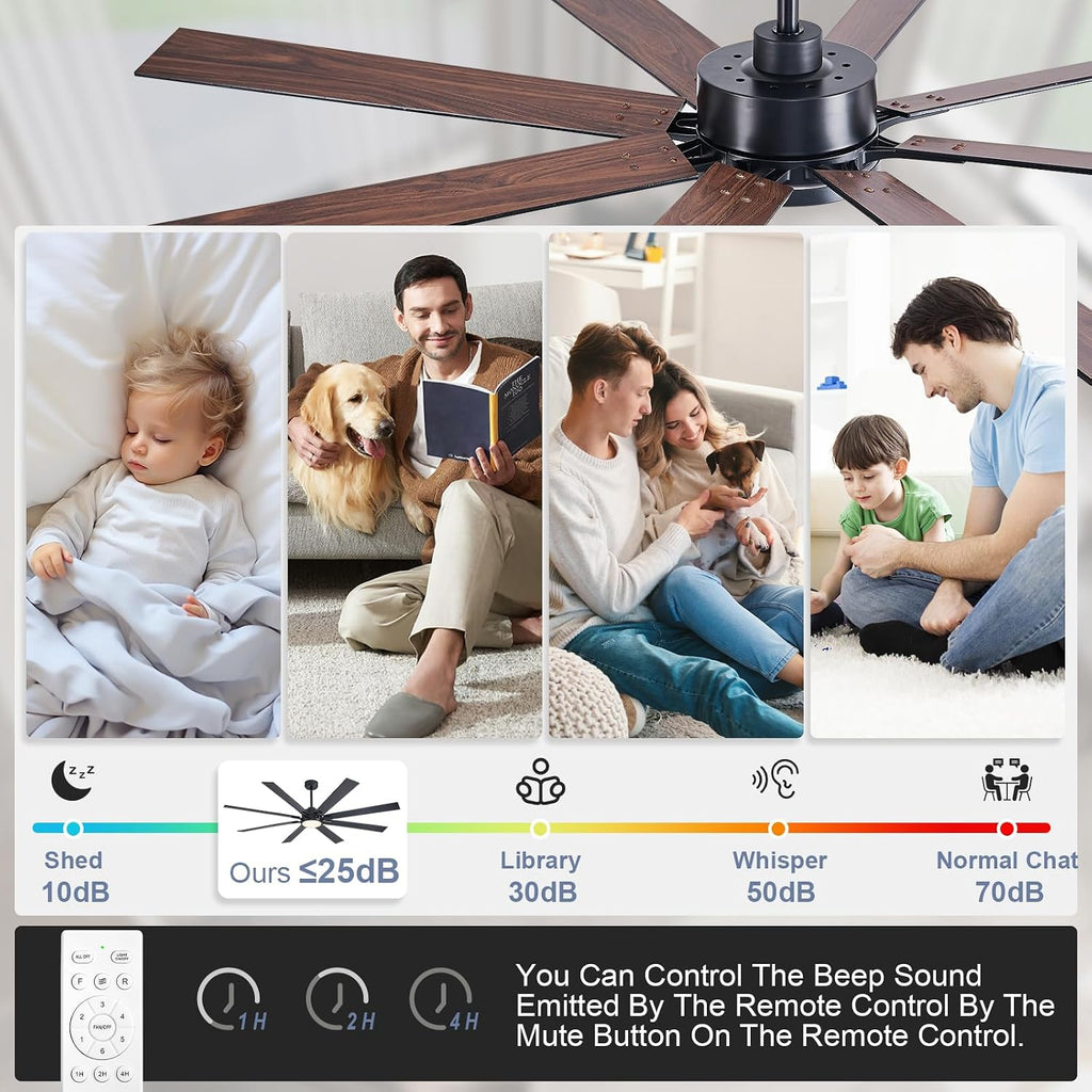 72 Inch Large Ceiling Fans with Lights and Remote Industrial Black Modern Ceiling Fans for Patios Living Room Garage Shop Indoor/Outdoor 6 Speed Reversible Quiet DC Motor, 3 CCT, Dual Finish 8 Blades
