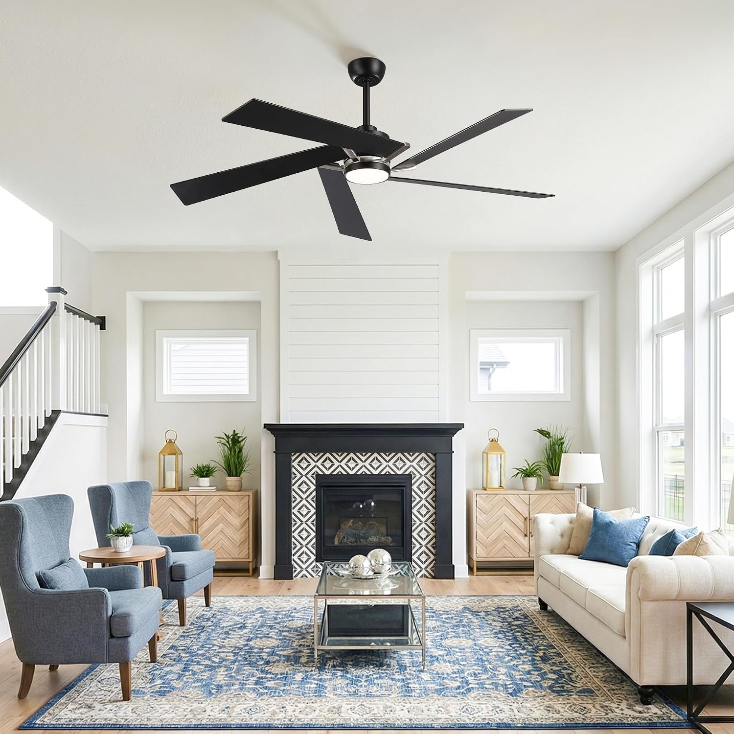 60 Inch Ceiling Fans with Lights and Remote, Modern Black Ceiling Fan with Reversible DC Motor, Dimmable LED, Memory Function & Timer, Quiet Outdoor Ceiling Fans for Patios Living Room Bedroom