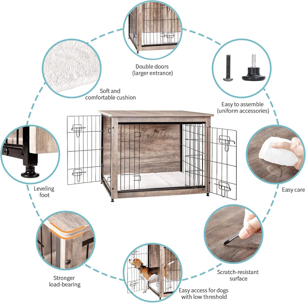 DWANTON Dog Crate Furniture with Cushion, Wooden Kennel Table with Double Doors, Indoor Dog House, Medium Size, 32.5' L, Greige