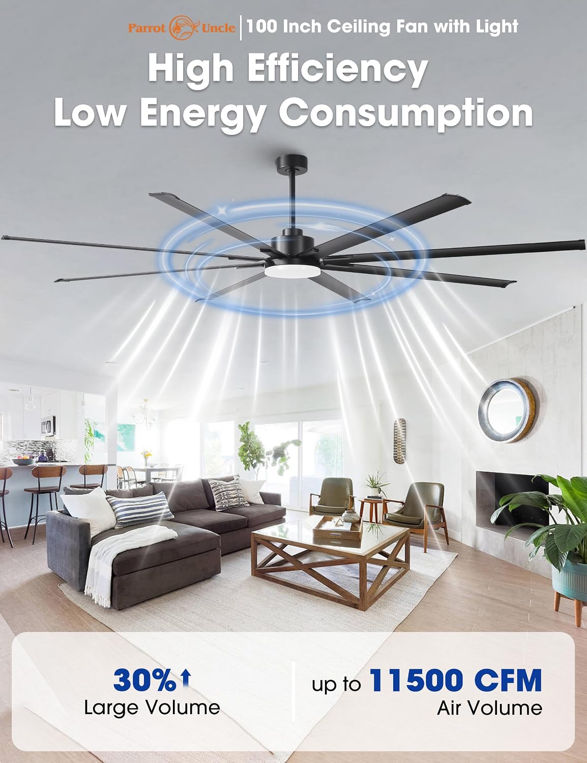100 Inch Ceiling Fans with Lights and Remote, Black Large Ceiling Fan with Dimmable LED & 3CCT, Reversible DC Motor, Outdoor Ceiling Fans for Patios Shop Garage Living Room Commercial Spaces
