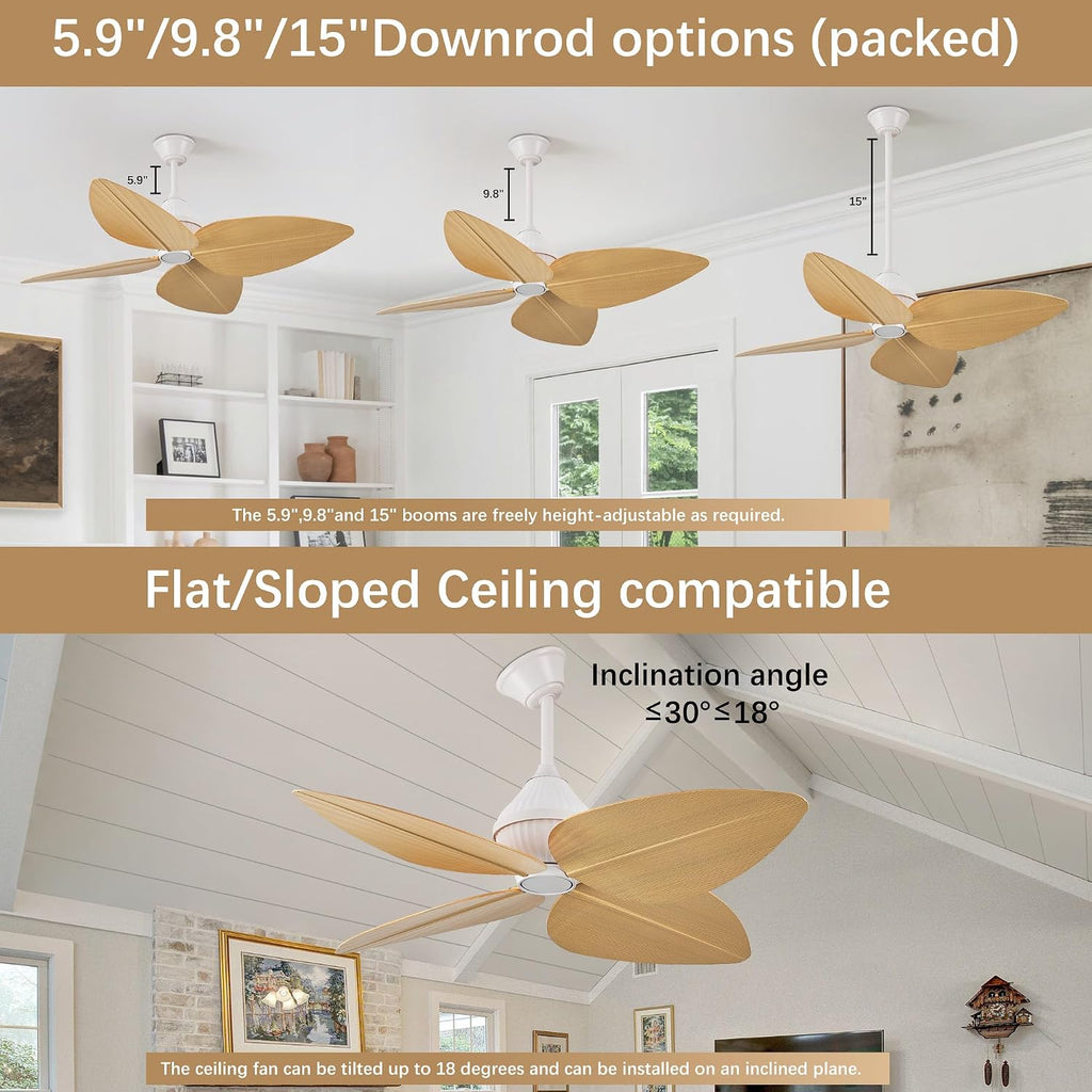 52' Ceiling Fan Without Lights, Tropical Ceiling Fans with APP and Remote Control, Indoor Palm Leaf Ceiling Fans for Living Room Bedroom Patios (Light Wood Grain)