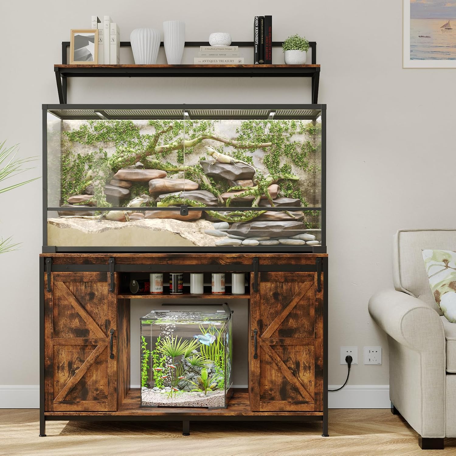 VOWNER Farmhouse Reptile Tank Stand with Power Outlet, 48' X 24' Tabletop Fits up 120 Gallon Bearded Dragon Tank, Heavy Duty Aquarium Stand with Storage Cabinet, Reptile Turtle Terrarium Stand Brown