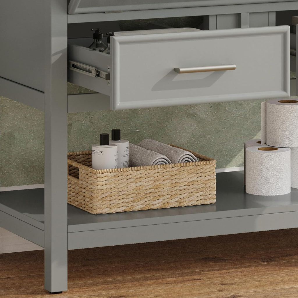 Bathroom Vanity 36 Inch with Ceramic Sink, Flip Top Tray, Wooden Bathroom Sink Cabinet with 2 Drawers and Open Shelf, Freestanding Vanity for Guest Baths Master Suites, Rental Units (Gray)