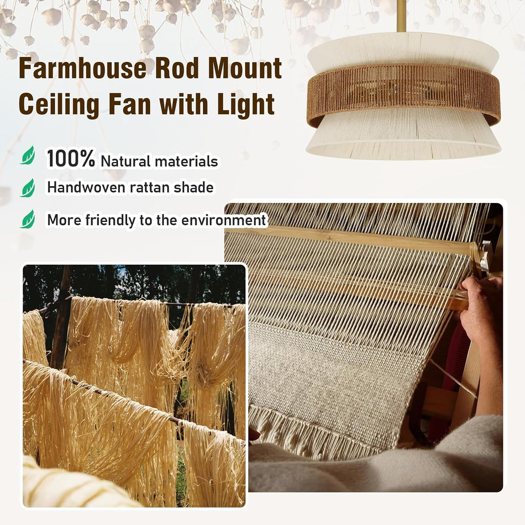 Boho Fandelier Ceiling Fan with Light，Gold Rattan Chandelier Fan Remote Caged Fandelier Ceiling Fan for Bedroom,Nursery,Foyer,Kitchen and Living Room，6 Speeds Timing Adjustment Height Enclosed,20Inch