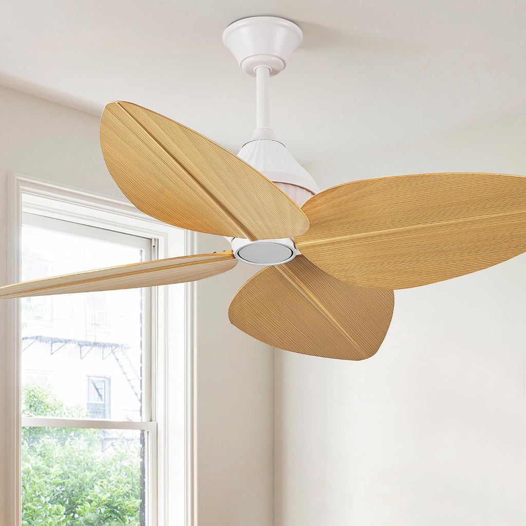 52' Ceiling Fan Without Lights, Tropical Ceiling Fans with APP and Remote Control, Indoor Palm Leaf Ceiling Fans for Living Room Bedroom Patios (Light Wood Grain)