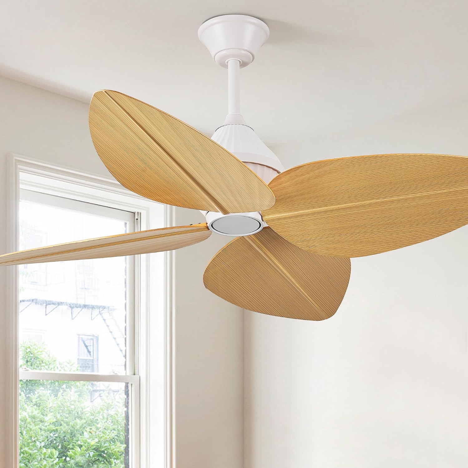 52' Ceiling Fan Without Lights, Tropical Ceiling Fans with APP and Remote Control, Indoor Palm Leaf Ceiling Fans for Living Room Bedroom Patios (Light Wood Grain)
