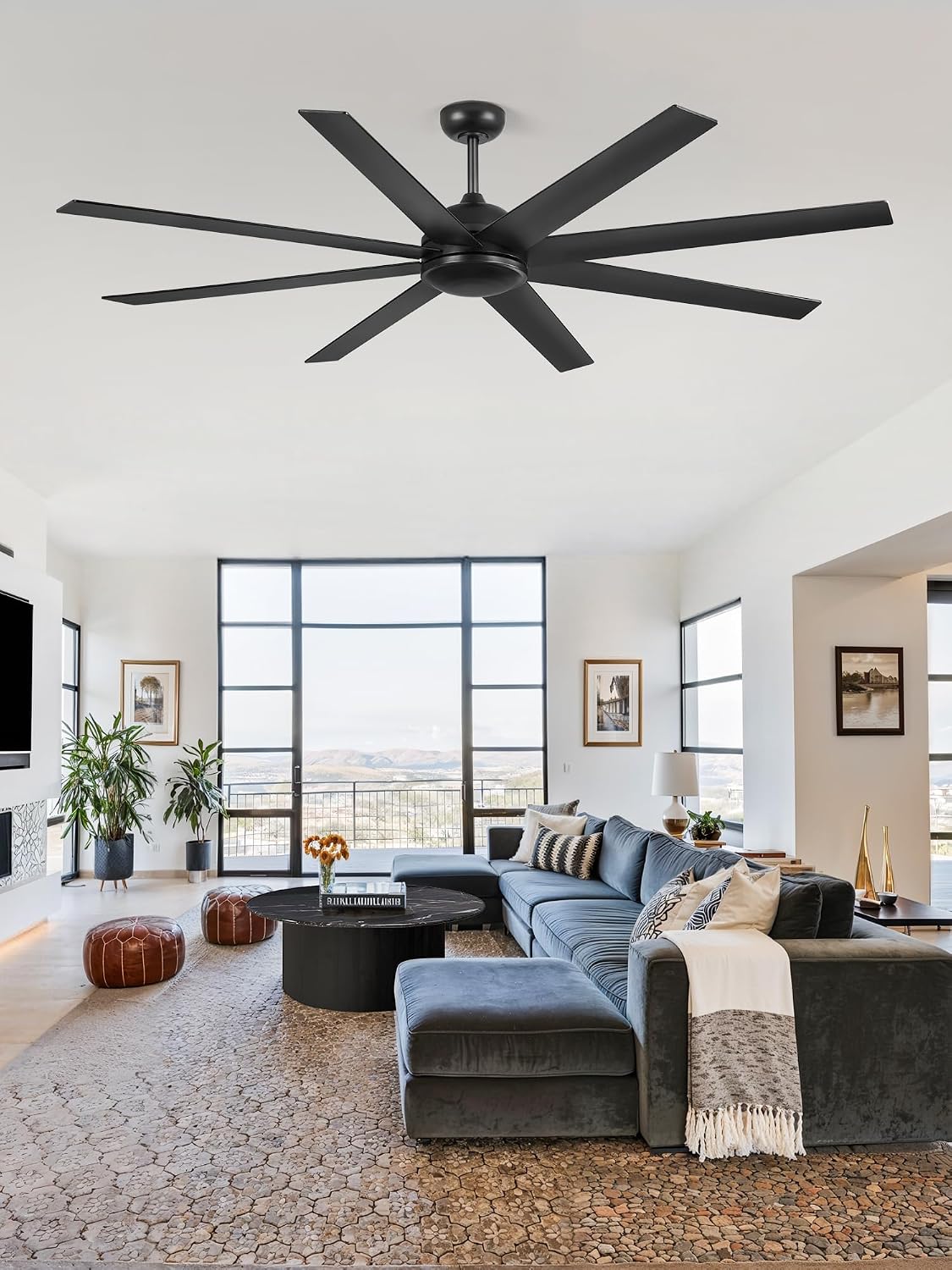 72 Inch Ceiling Fan no Light, Black Ceiling Fan with Remote, 6-Speeds, Quiet Reversible DC Motor, Industrial Ceiling Fans without Lights for Living Room, Garage, Patio, Indoor/Outdoor Use