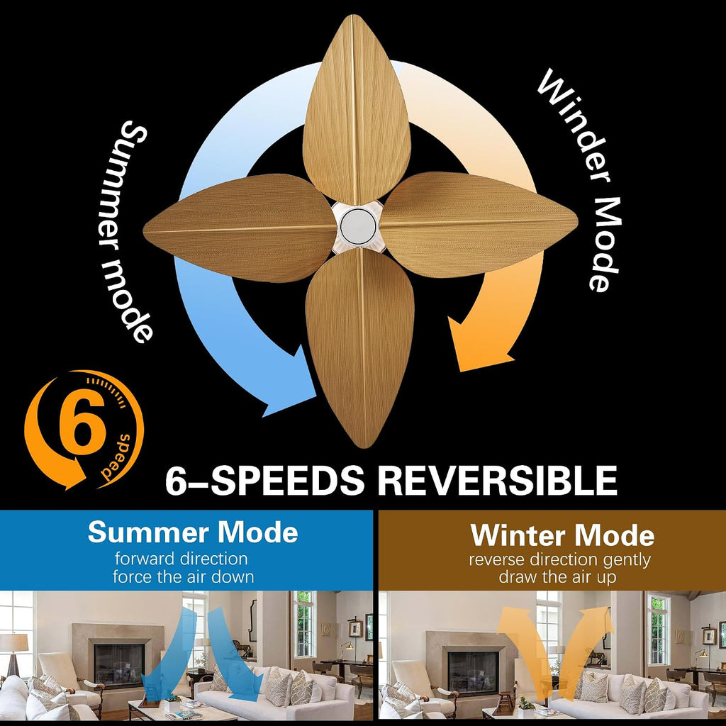 52' Ceiling Fan Without Lights, Tropical Ceiling Fans with APP and Remote Control, Indoor Palm Leaf Ceiling Fans for Living Room Bedroom Patios (Light Wood Grain)
