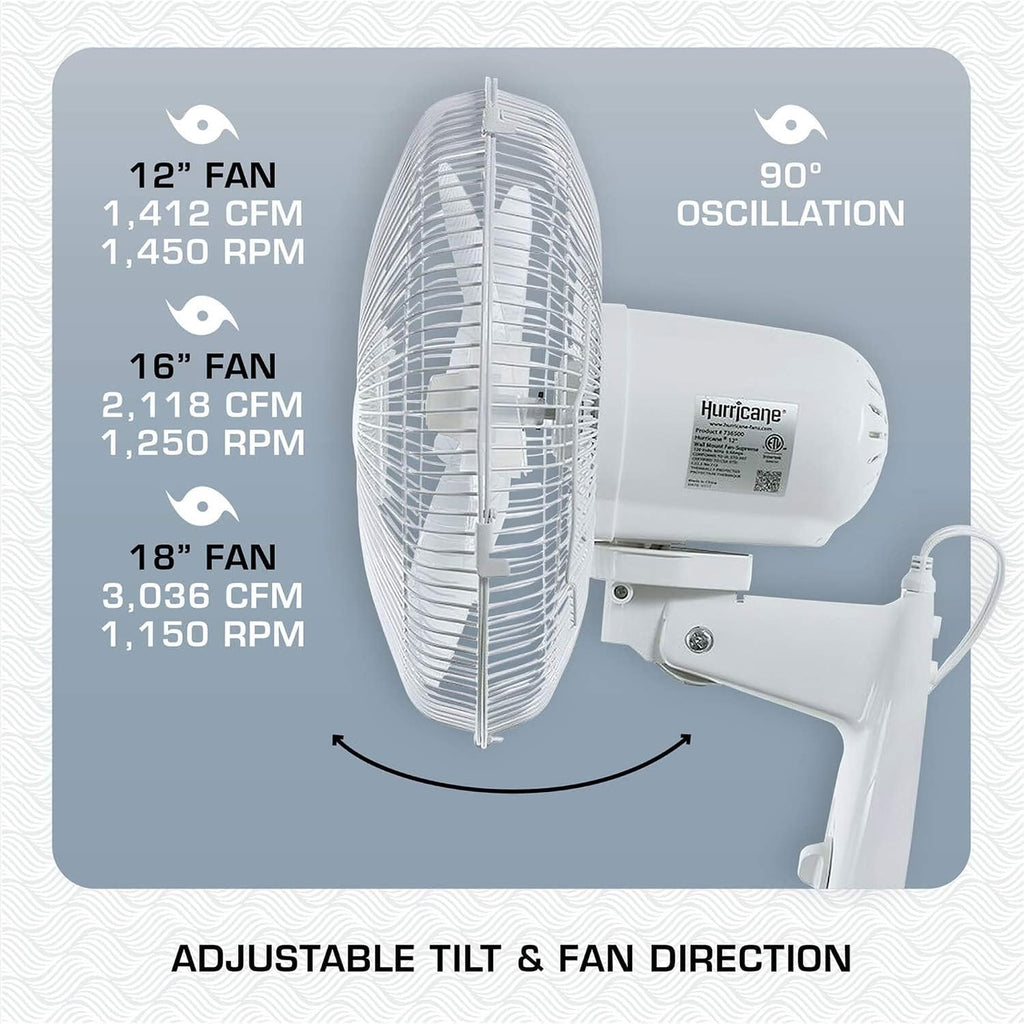 Hurricane 16' Supreme Oscillating Wall Mount Fan w/ 3 Quiet Speeds, White - Corded Electric Air Cooling Unit w/ Easy Pull Cord Controls for Homes, Greenhouses, Garages, Workshops & Gyms