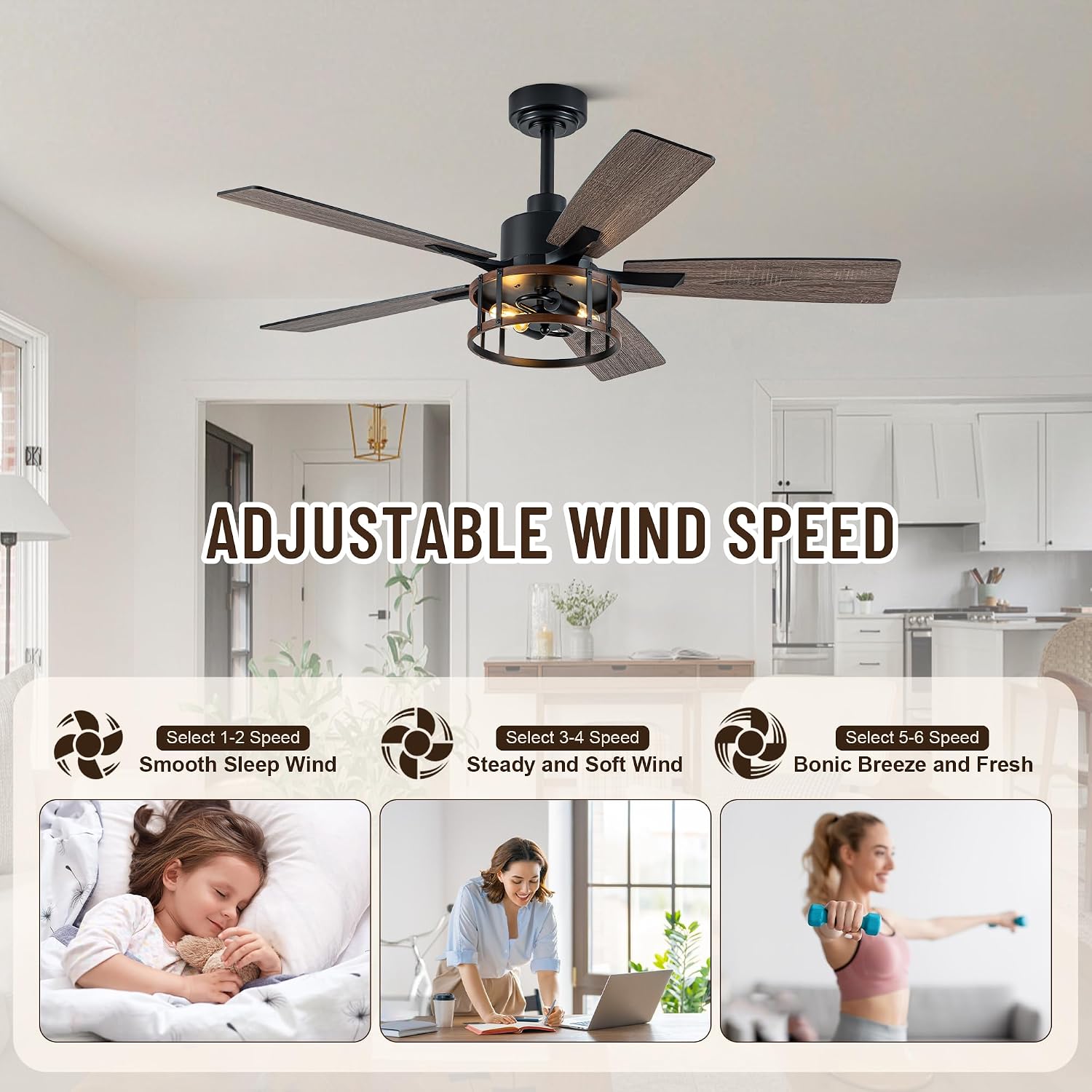 52' Farmhouse Ceiling Fans with Lights, Caged Ceiling Fan with Light and Remote,Reversible Motor,5 Double Finish Wood Blades,Black Rustic Industrial Ceiling Fan for Living Room/Dining Room