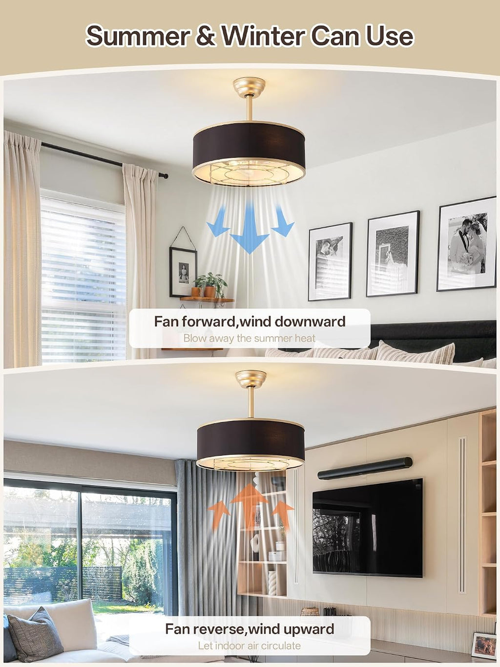 20' Black and Gold Caged Boho Fandelier Ceiling Fan with Light & Remote Control - Bladeless Chandelier Fan, 6 Speed Quiet Reversible Motor for Bedroom, Nursery, Living Room