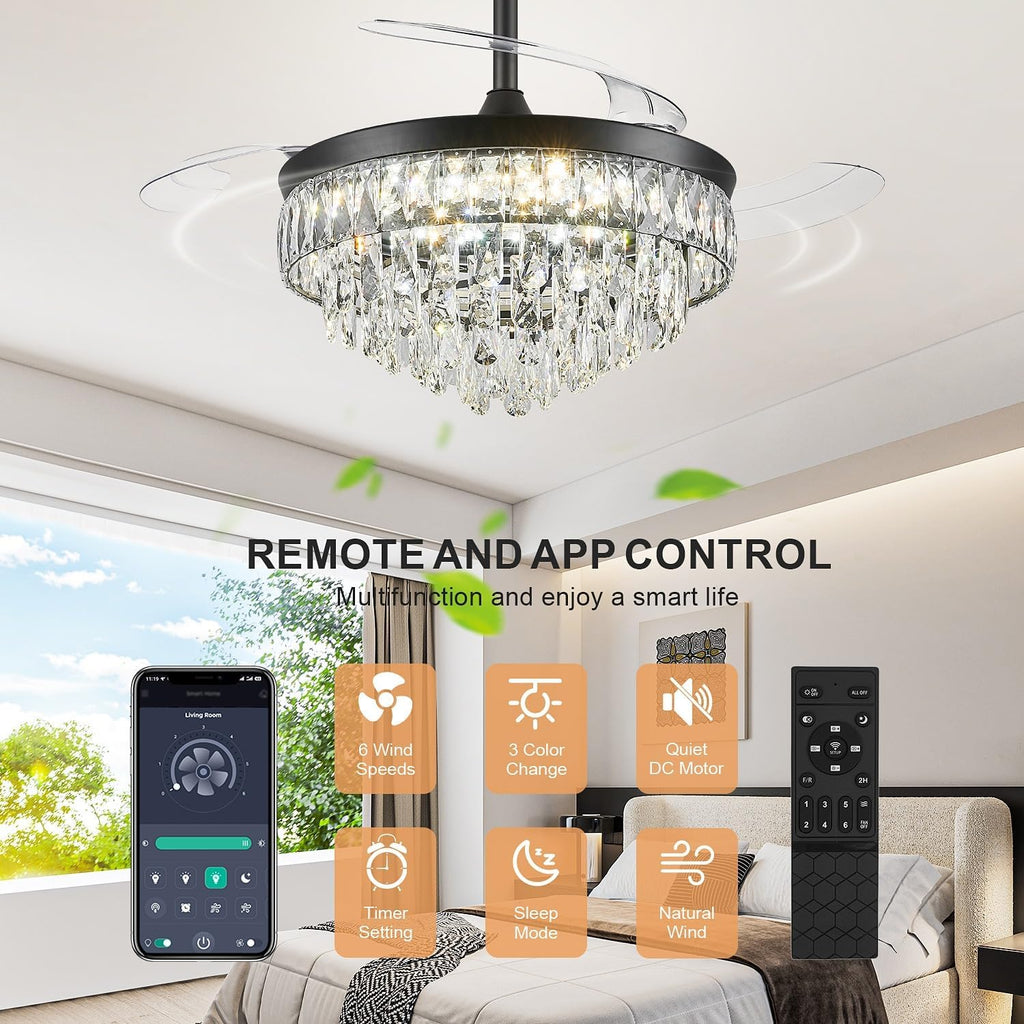 42'' Chandelier Ceiling Fan with Lights, Retractable Fan with Remote and APP, Crystal Fandelier Ceiling Fan, Dimmable LED, Reversible Motor, Quiet for Bedroom Living Room-Black